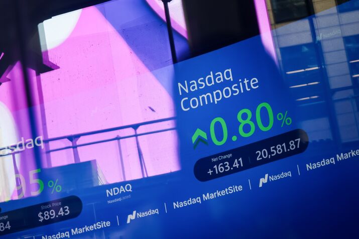 Stock market information at the Nasdaq MarketSite in New York.