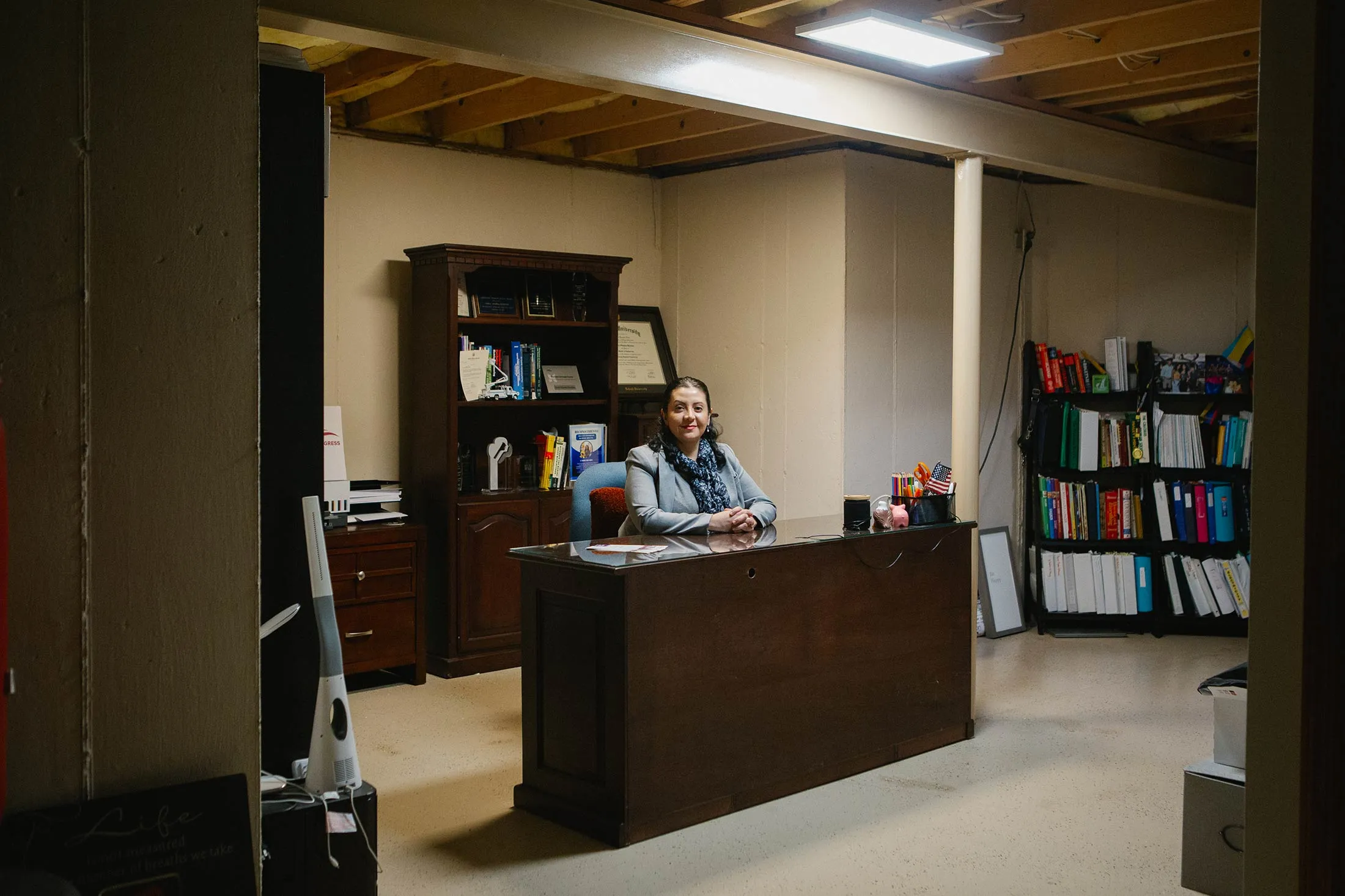 Carol Obando Derstine, a Democratic candidate running to represent Pennsylvania’s 7th Congressional District, sits for a portrait in her campaign office in the basement of her home in Central Valley, Pennsylvania on Wednesday, February 25, 2026. Derstine, a former employee of PPL Electric and Utilities from 2016 to 2025, is hoping to get on the ballot for the primaries to run against the incumbent, Republican Ryan Mackenzie. The campaign focus will be on the rising costs of energy and utility bills, particularly in the Lehigh Valley, which could become central for voters in the upcoming midterms. Photographer: Michelle Gustafson for Bloomberg Markets