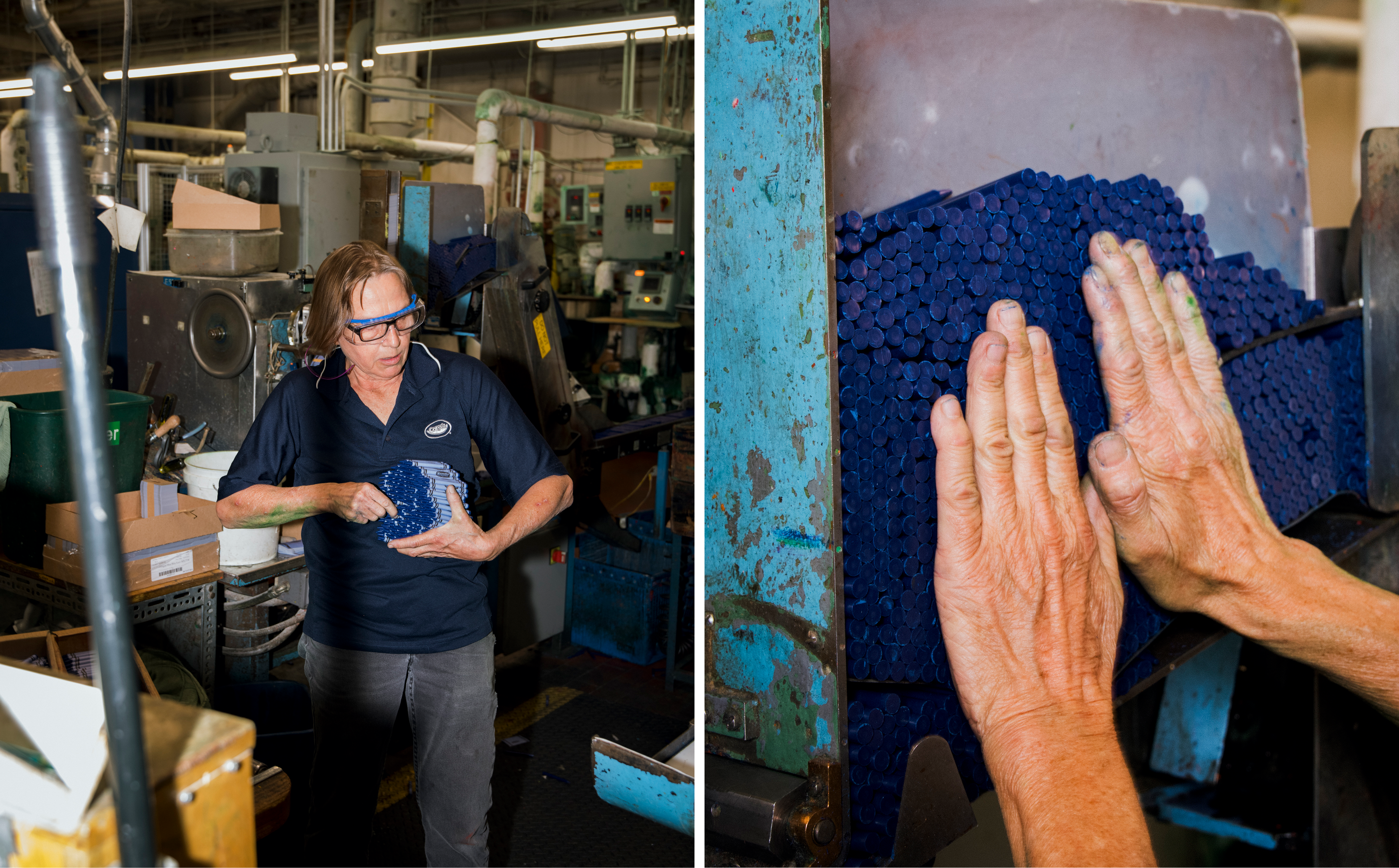 Employees are trained to scoop up dozens of crayons (here, in Blue) at a time with the tips facing out, carefully inspecting each tip to make sure it’s intact and sharp. 