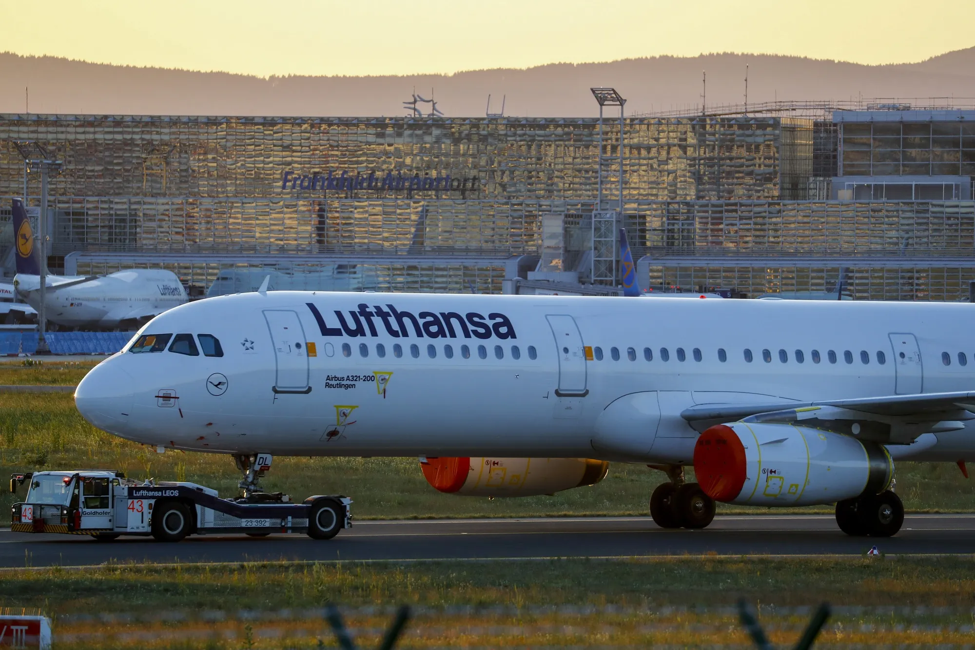 A Deutsche Lufthansa AG passenger aircraft is towed at Frankfurt Airport, on May 28.