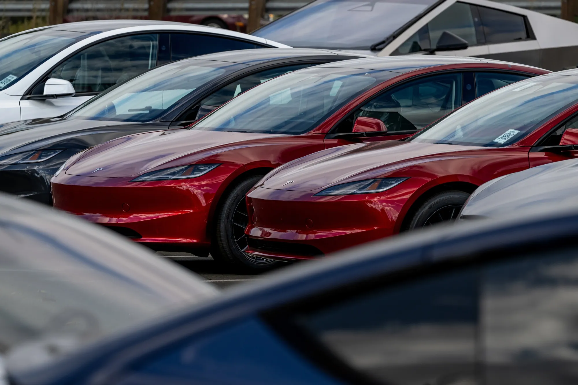 Tesla Model 3 vehicles at the company's store in Vallejo, California.
