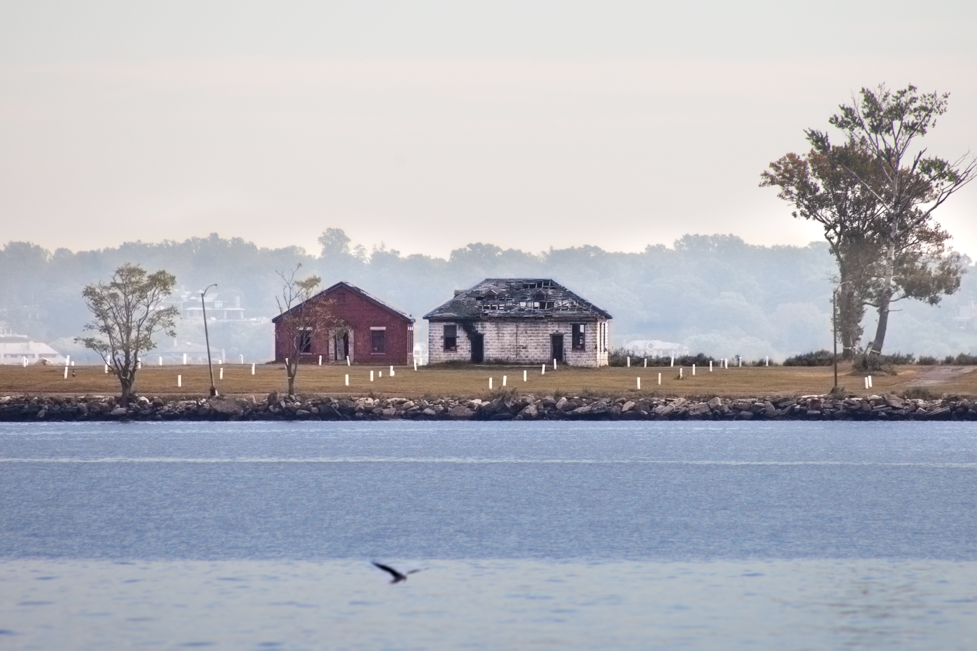 Hart Island, as seen from New York’s City Island. Each marker represents about 150 adult&nbsp;graves.