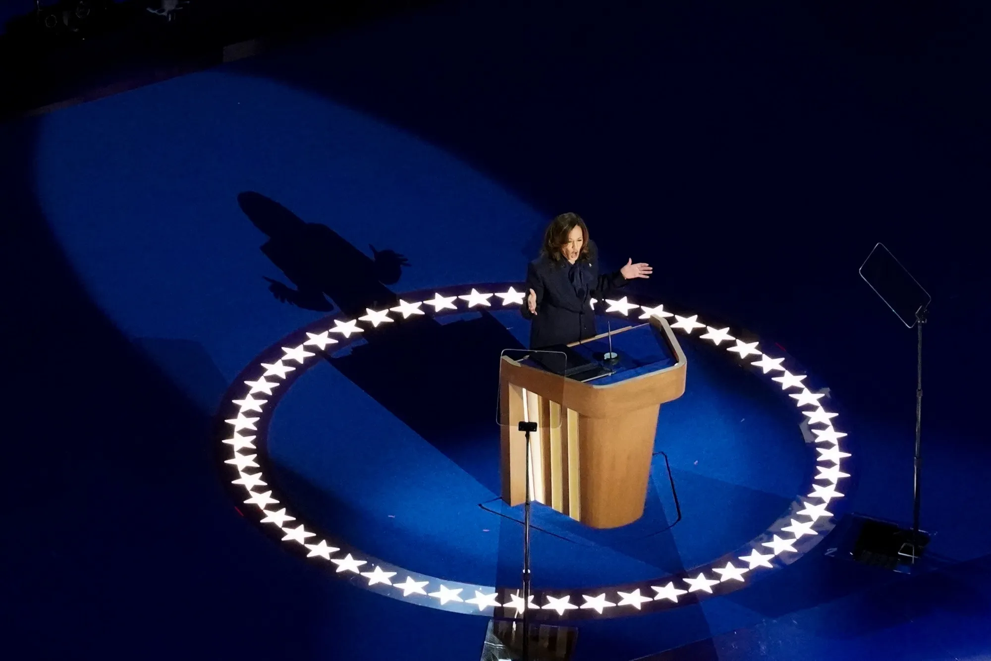 US Vice President Kamala Harris speaks during the Democratic National Convention at the United Center in Chicago on Aug. 22.
