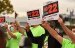 Gig workers demonstrate&nbsp;outside Los Angeles City Hall last month in opposition to Prop&nbsp;22.