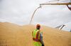 A worker monitors corn as it is loaded into an outdoor storage bunker at the Michlig Grain LLC elevator in Sheffield, Illinois, U.S., on Tuesday, Oct. 2, 2018.