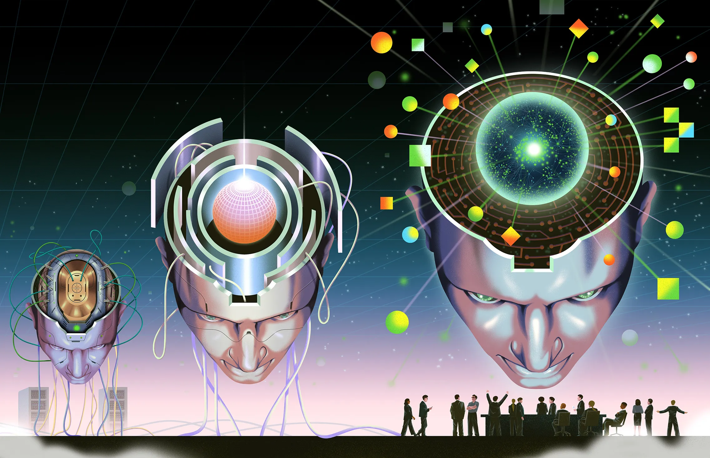 futuristic illustration of the inside of people's heads being connected to wires