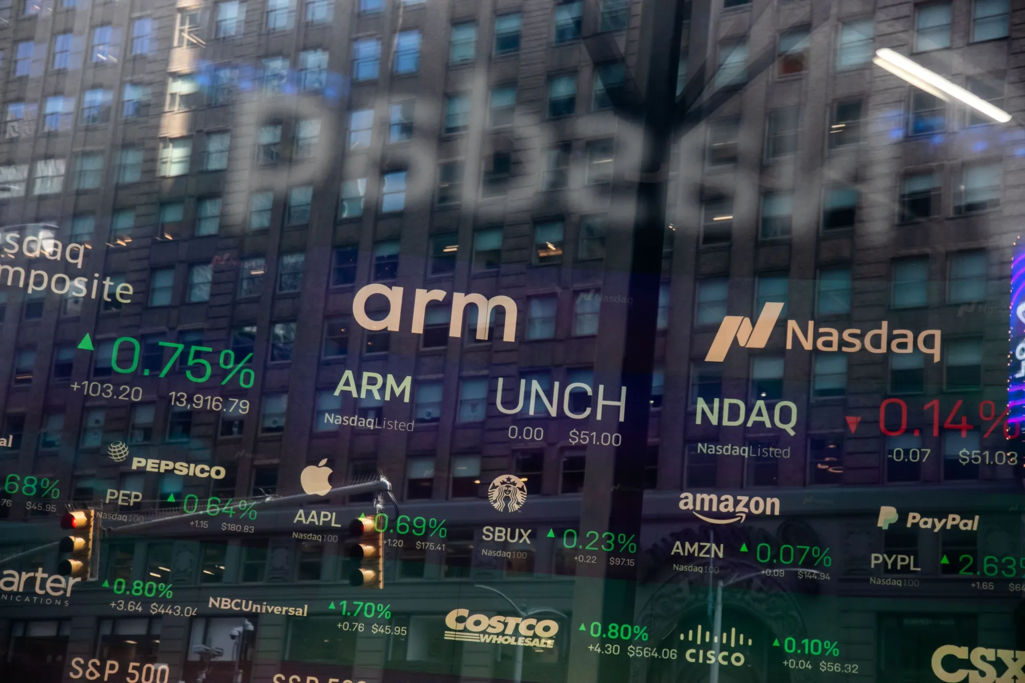 Arm Holdings Plc signage at the Nasdaq MarketSite in New York.