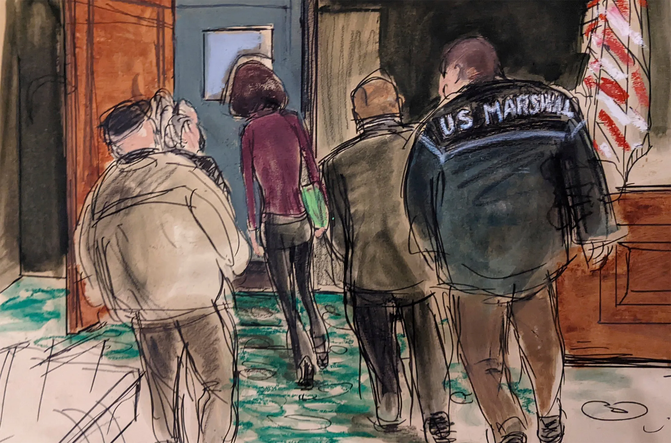 Ghislaine Maxwell, center, is led out of the courtroom&nbsp;in a courtroom sketch, on Dec. 29.
