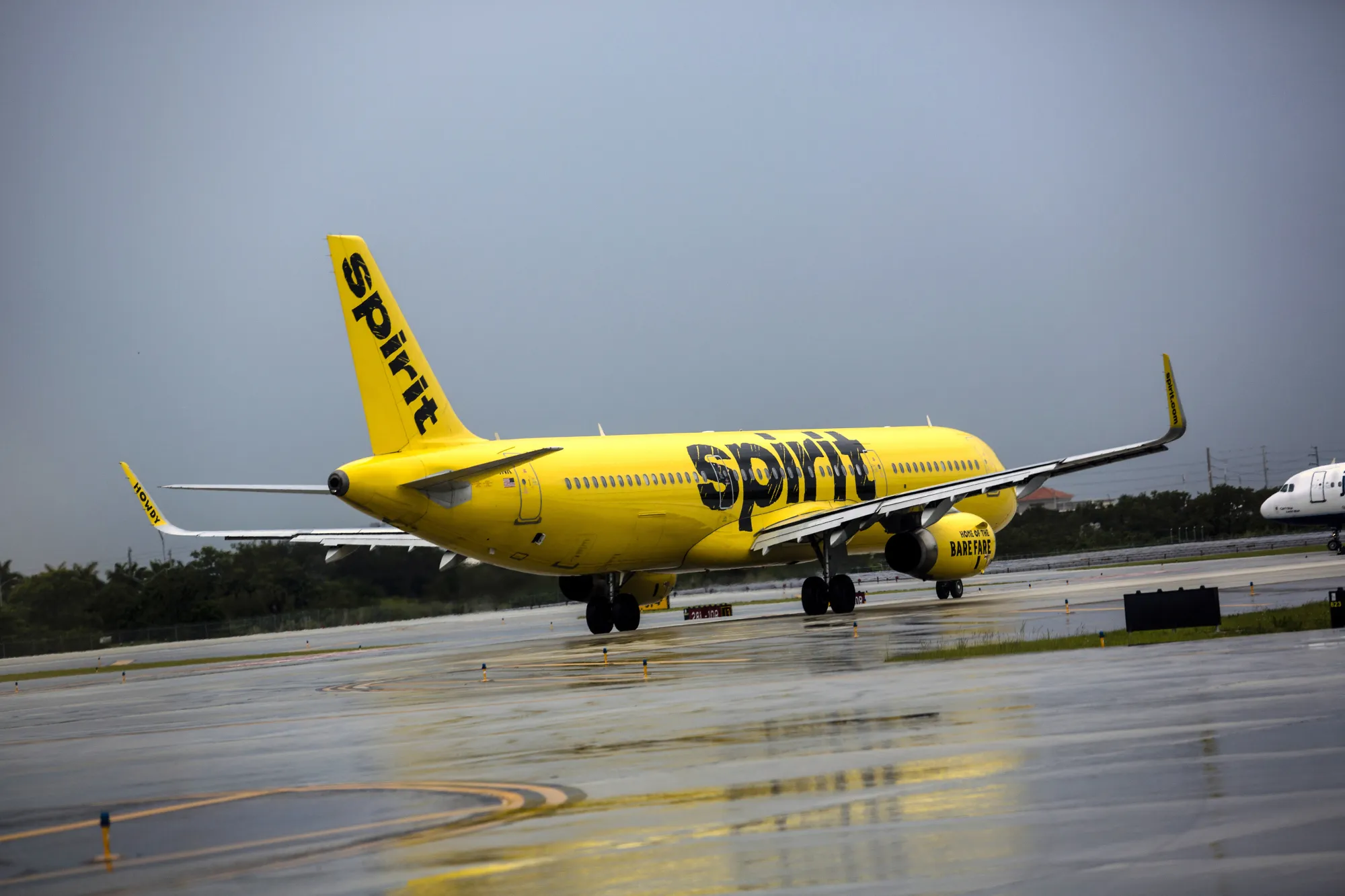 A Spirit Airlines plane on the tarmac at Fort Lauderdale International Airport in Fort Lauderdale, Florida.