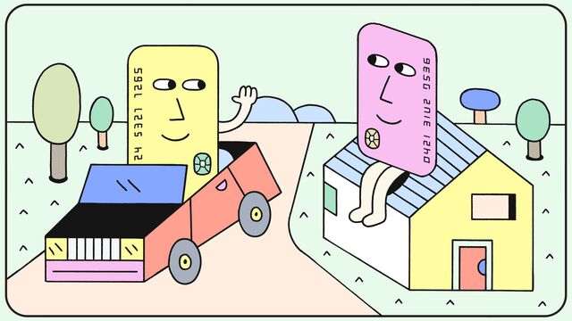 Illustration showing credit card characters driving a car and sitting on a house.