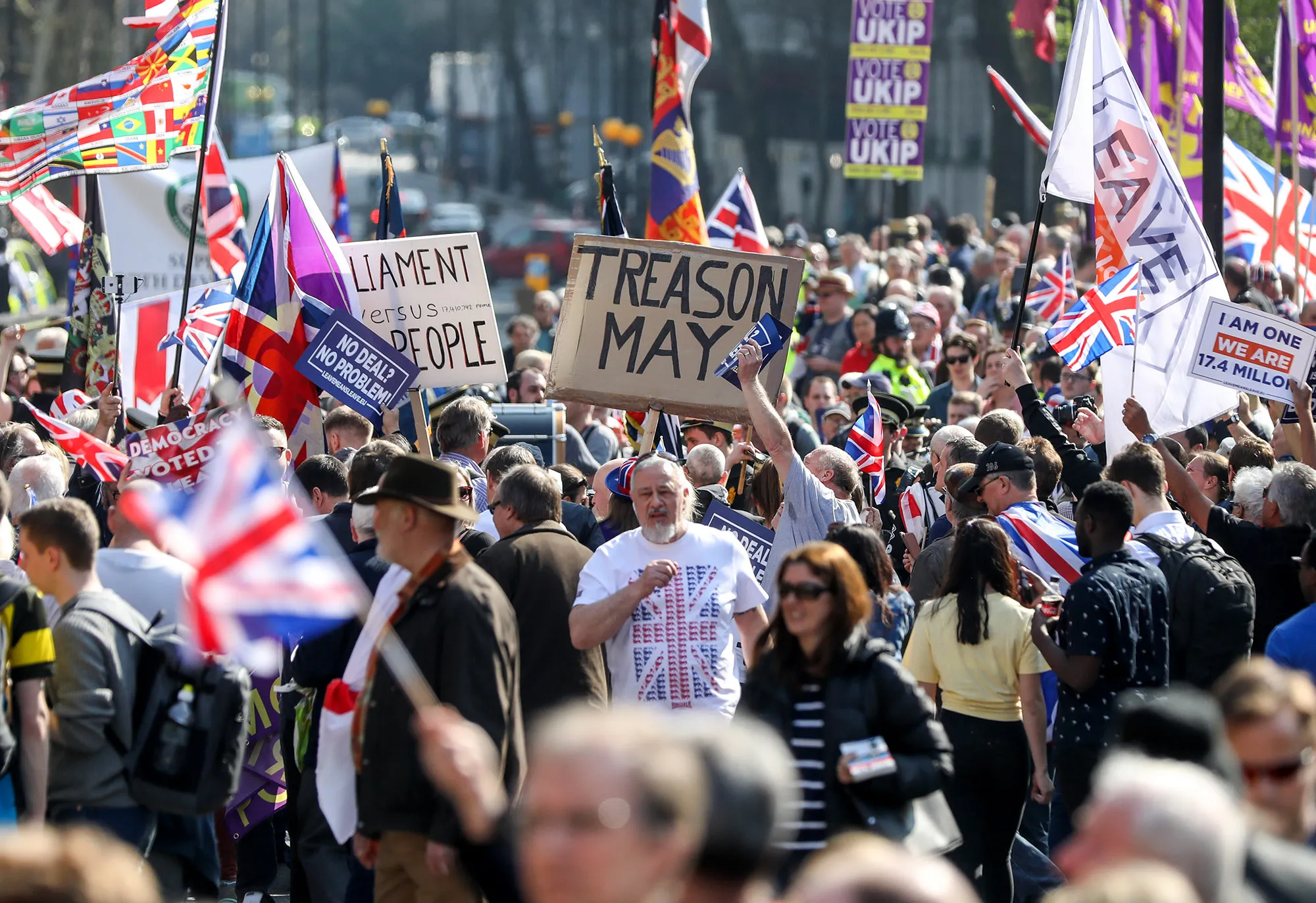 Supporters of Brexit rally near the Houses of Parliament in London on March 29, 2019.
