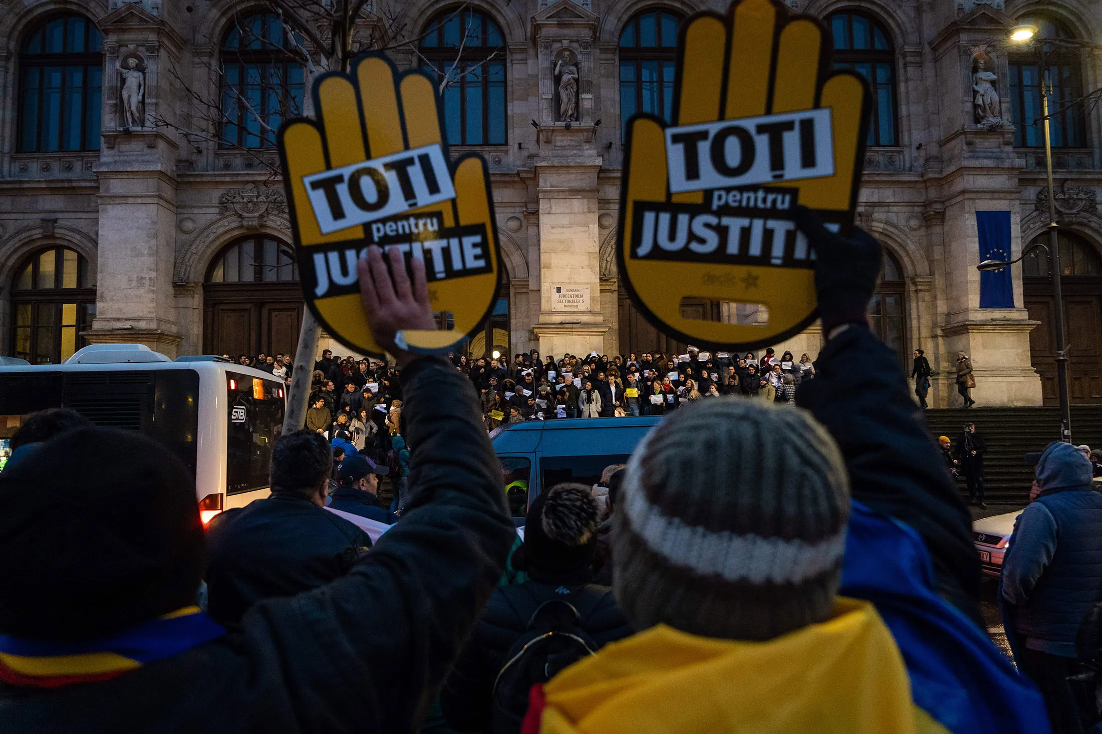 Protesters manifest their support for magistrates as they stand in front of the Court of Appeal, on February 22, 2019, in Bucharest, Romania.