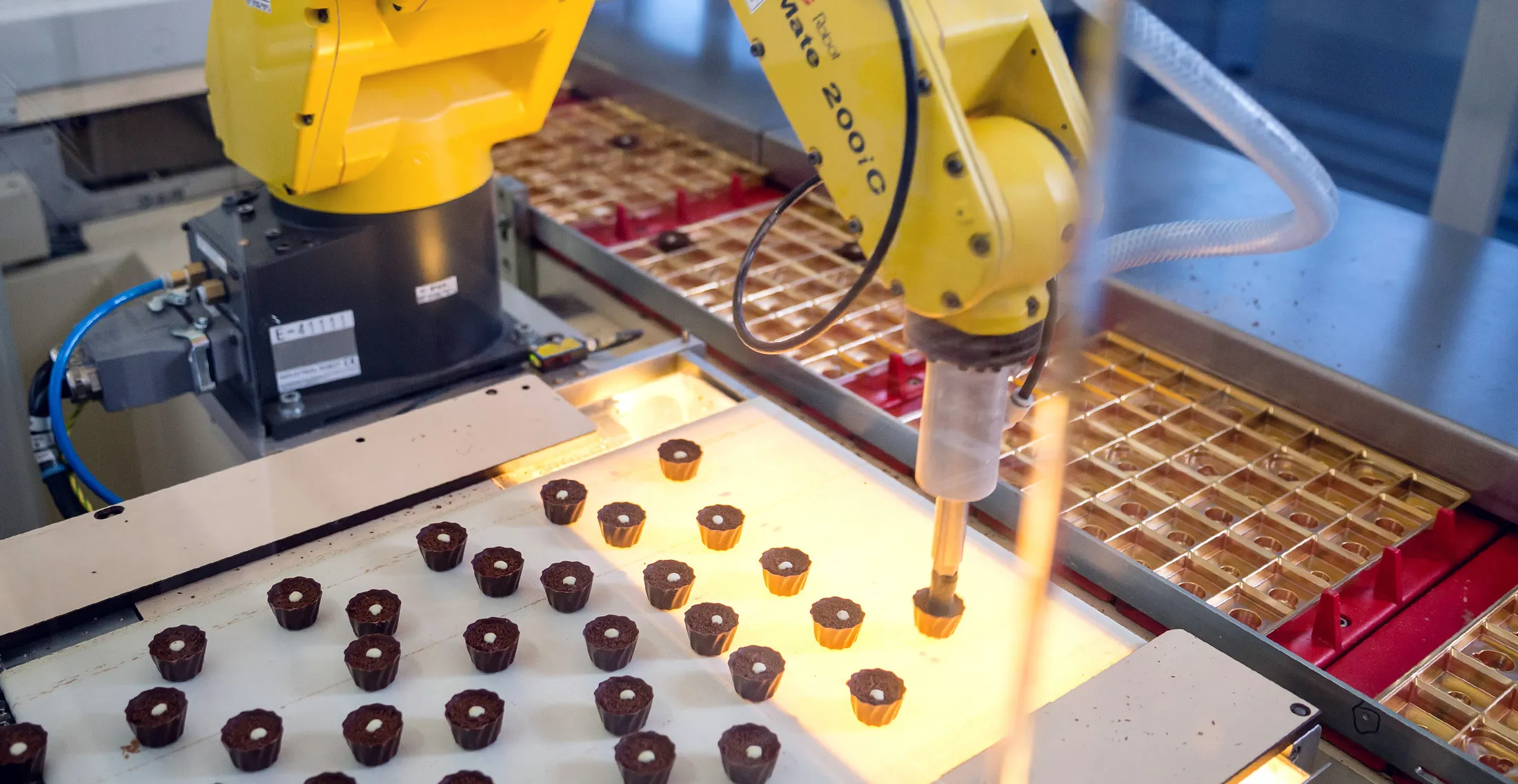 A robotic arm, manufactured by Robotec Solutions AG, lifts chocolate pralines into packaging on the production line inside the Lindt &amp; Spruengli AG factory in Kilchberg, Switzerland, on Tuesday, July 29, 2014. Lindt, the world's largest producer of premium chocolate, agreed to acquire Russell Stover Candies Inc. to become the third-biggest chocolate producer in North America.
