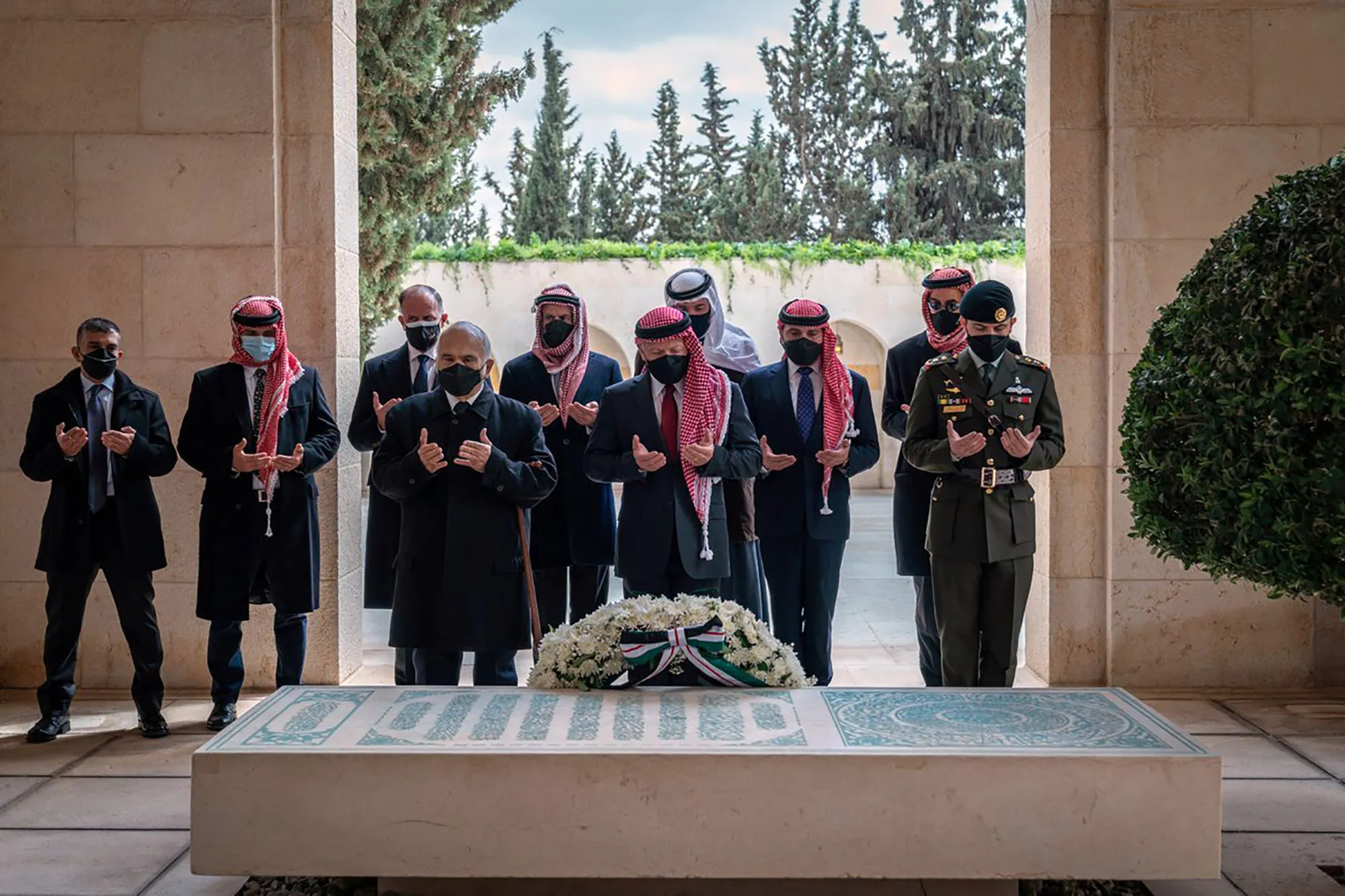King Abdullah II, center, Prince Hamzah bin Al Hussein, second left, and others&nbsp;visit to the tomb of the late King Hussein. April 11.&nbsp;