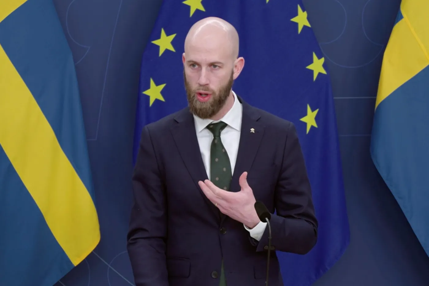 Sweden's Minister for Civil Defense Carl-Oskar Bohlin speaks during news conference, on March 9.
