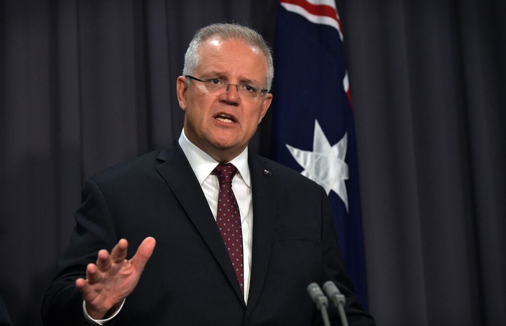 Scott Morrison speaks during a news conference at Parliament House in Canberra, Australia, on Feb. 6, 2020. 