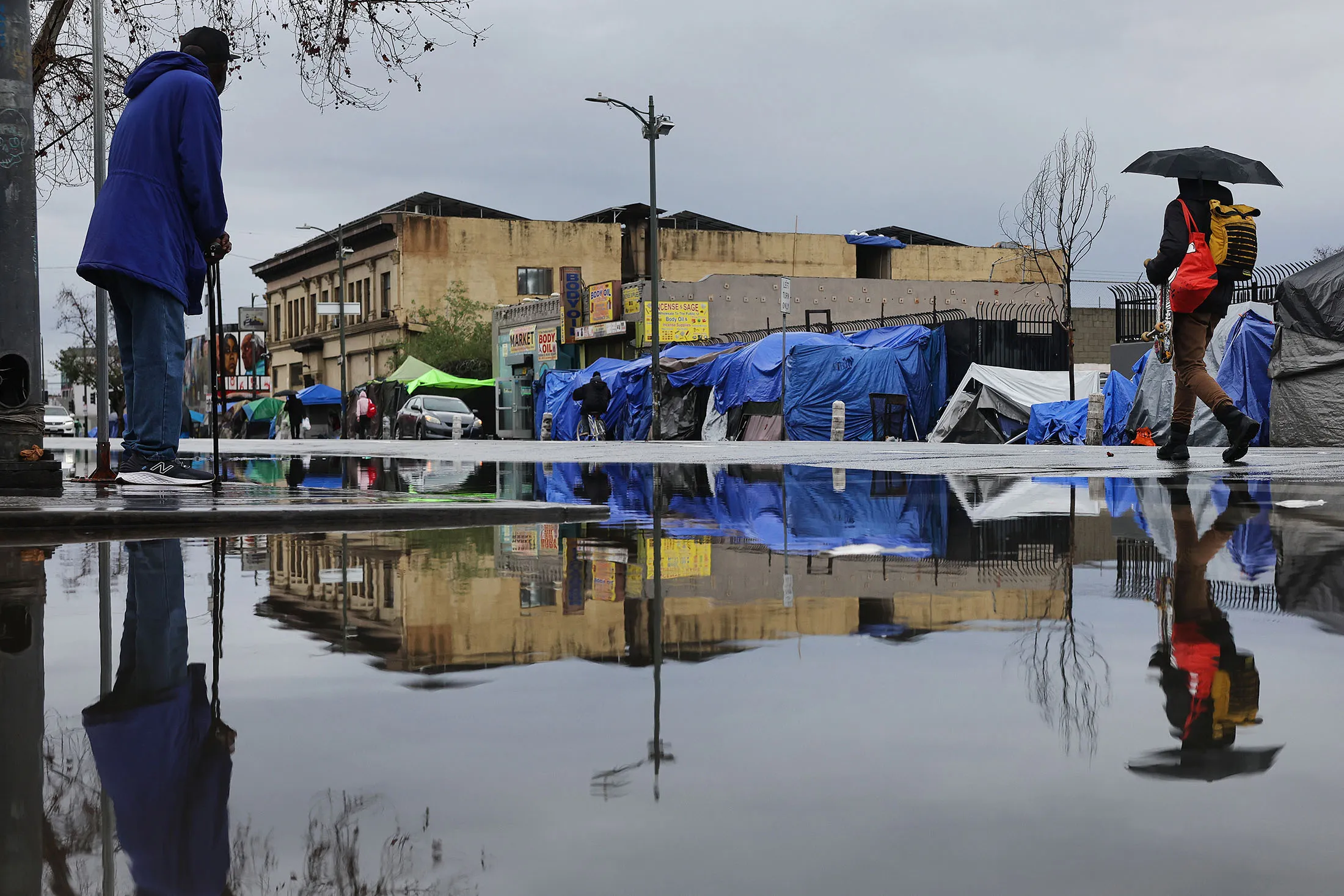 An encampment of people experiencing homelessness in Los Angeles on Feb. 6.