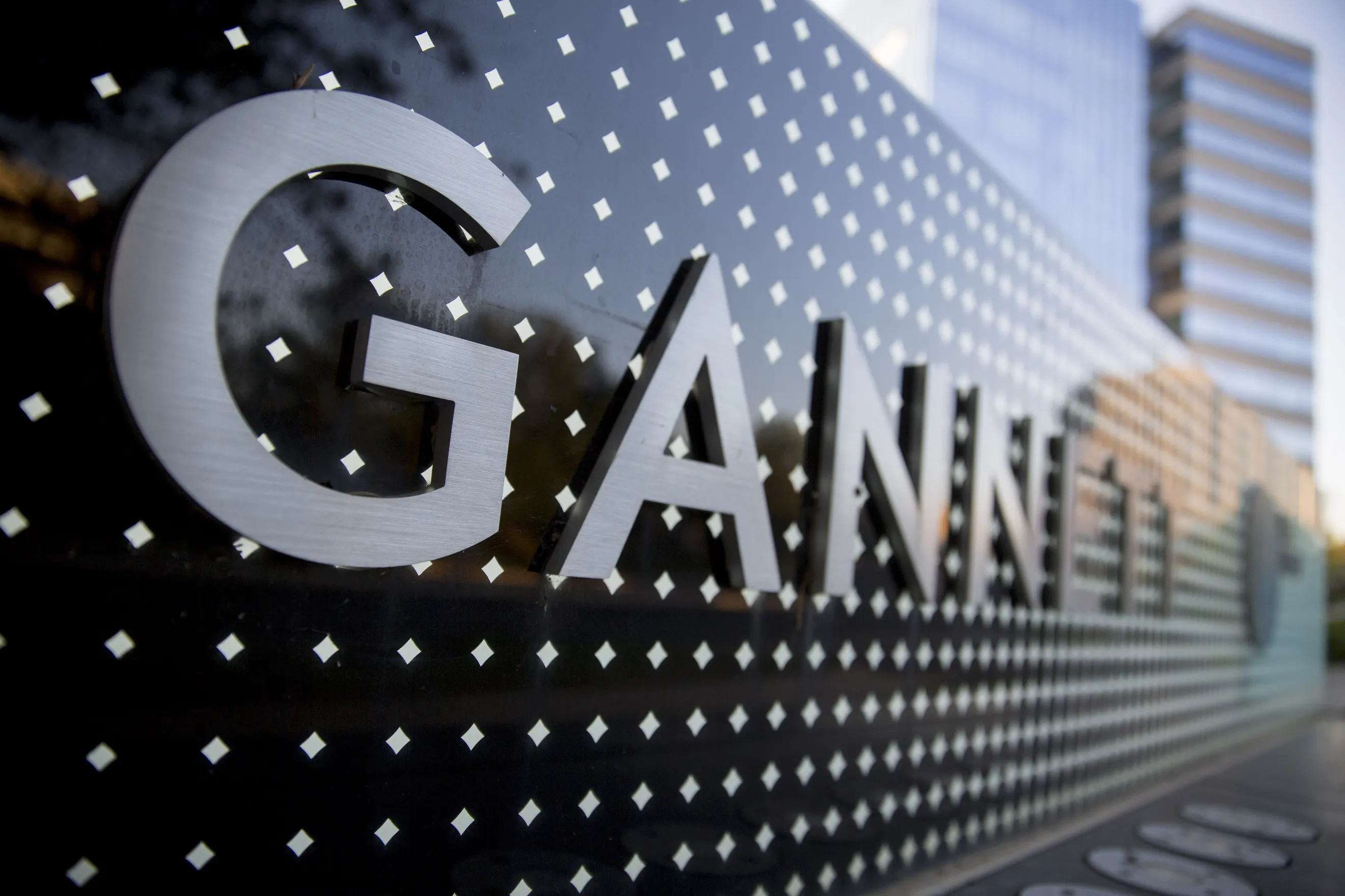 A Gannett Co. Inc. sign stands outside the company's headquarters in McLean, Virginia.