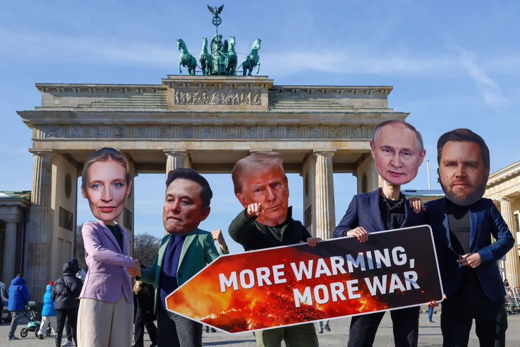 Masked protesters in Berlin&nbsp;wearing the faces of Alice Weidel, co-leader of the far right Alternative for Germany party, Elon Musk, Donald Trump, Vladimir Putin and JD Vance.