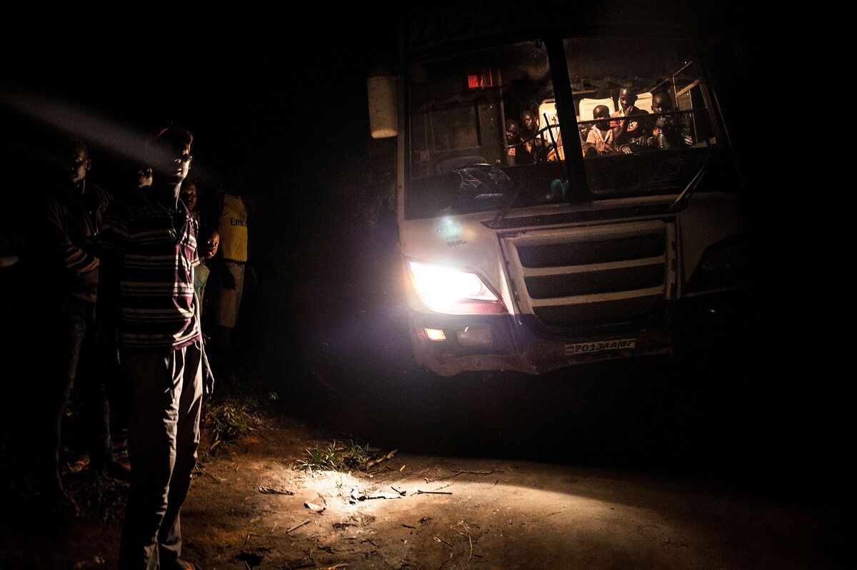 South Sudanese refugees wait to get off a bus which transported them from the border of South Sudan to a refugee settlement site in Democratic Republic of the Congo on May 10, 2019.