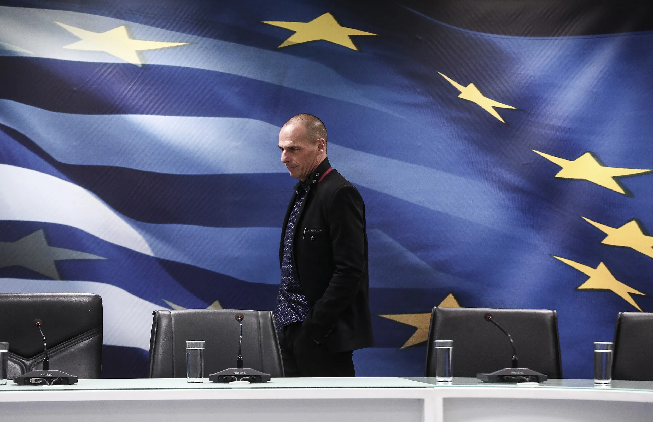 Yanis Varoufakis, Greece's incoming finance minister, arrives for the handover ceremony in Athens on Jan. 28, 2015.
