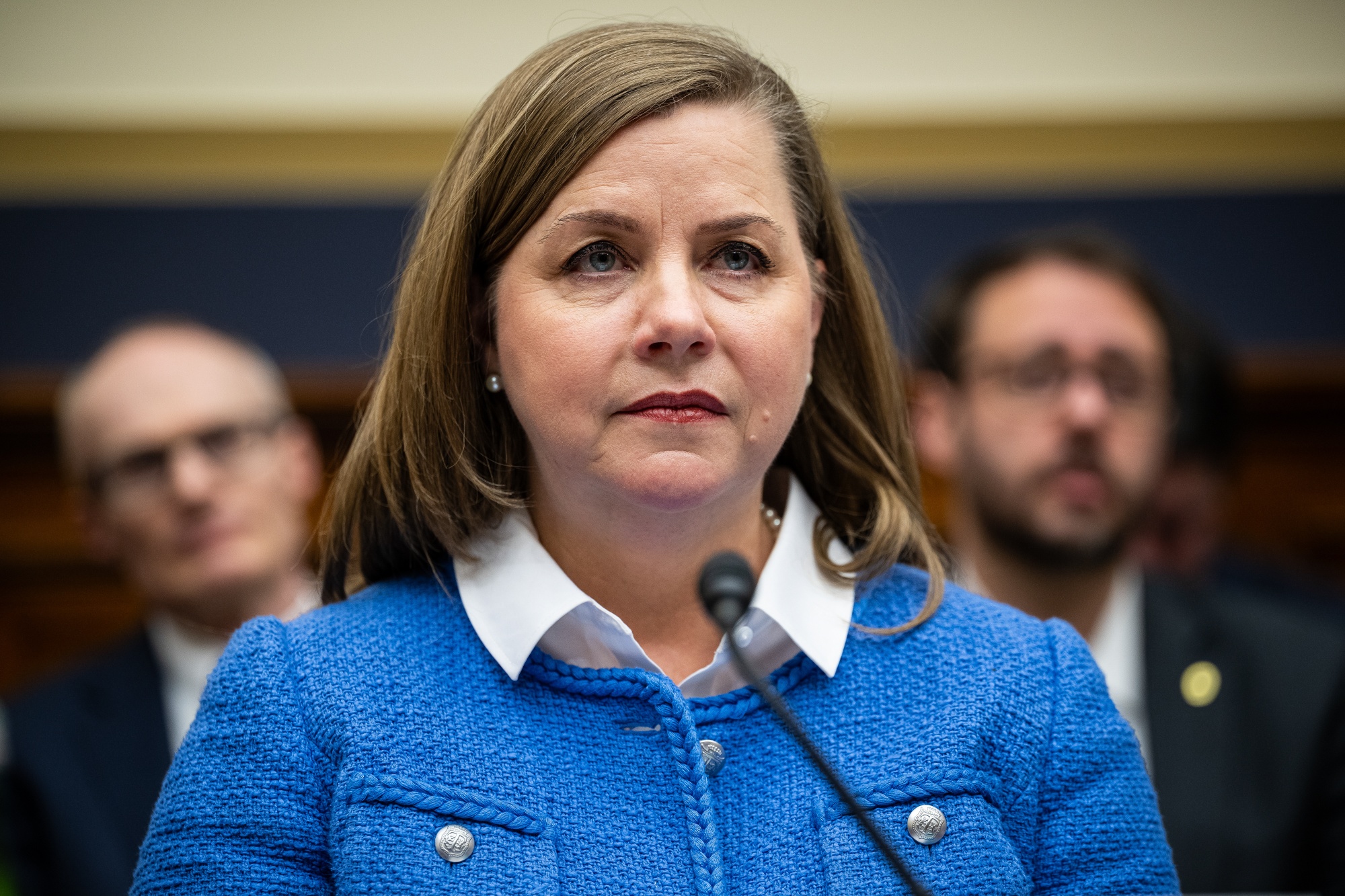 Michelle Bowman, vice chair for supervision at the US Federal Reserve, during a House Financial Services Committee hearing in Washington, DC, US, on Tuesday, Dec. 2, 2025. Bowman said she will work with other agencies to develop capital and diversification regulations for stablecoin issuers as directed by the Genius Act, which requires those issuers to formally register and hold dollar-for-dollar reserves. Photographer: Graeme Sloan/Bloomberg