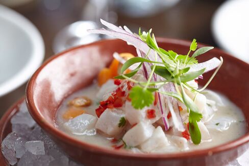 Dishes at Coya, a fine and rather expensive Peruvian restaurant, may include seabass classico ceviche.