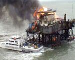A screen capture from footage of Azerbaijan's Ministry of Extraordinary Situations showing the oil rig fire in Caspian Sea, Azerbaijan on Dec. 5, 2015.