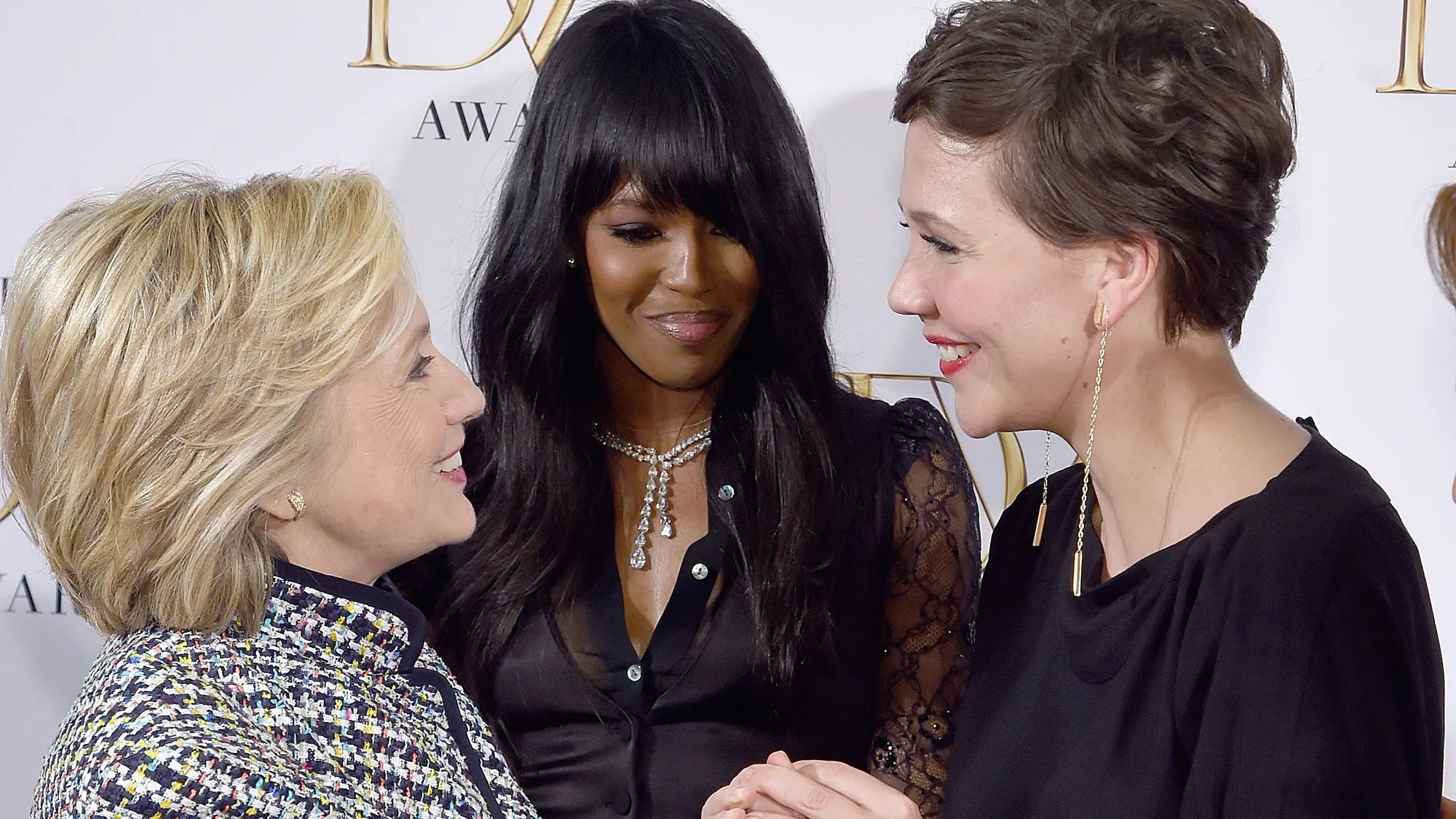 Hillary Clinton, Naomi Campbell and Maggie Gyllenhaal attend the 2015 DVF Awards at United Nations on April 23, 2015 in New York City.

