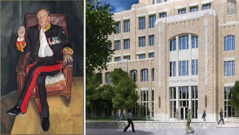 Left: Lucian Freud, The Brigadier, 2003-04. Right: Richard Corbetts's $35 million gift included $25 million for a new 280,000-square-foot building at Notre Dame, his alma mater, and $10 million to endow a head football coaching position.
