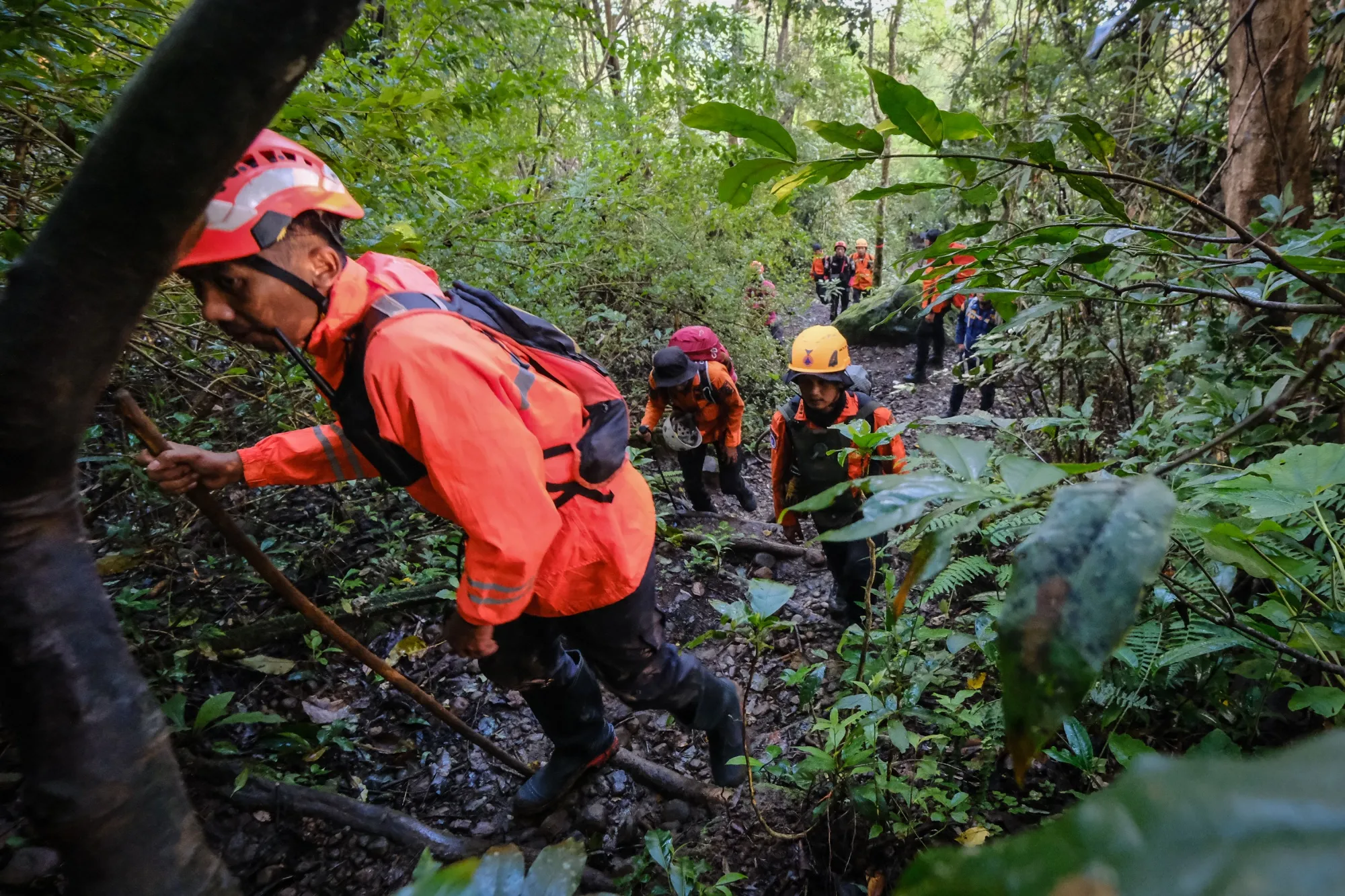 Joint search and rescue teams climb towards the suspected crash site&nbsp;in the Bulusaraung Mountains, South Sulawesi on Jan. 18.