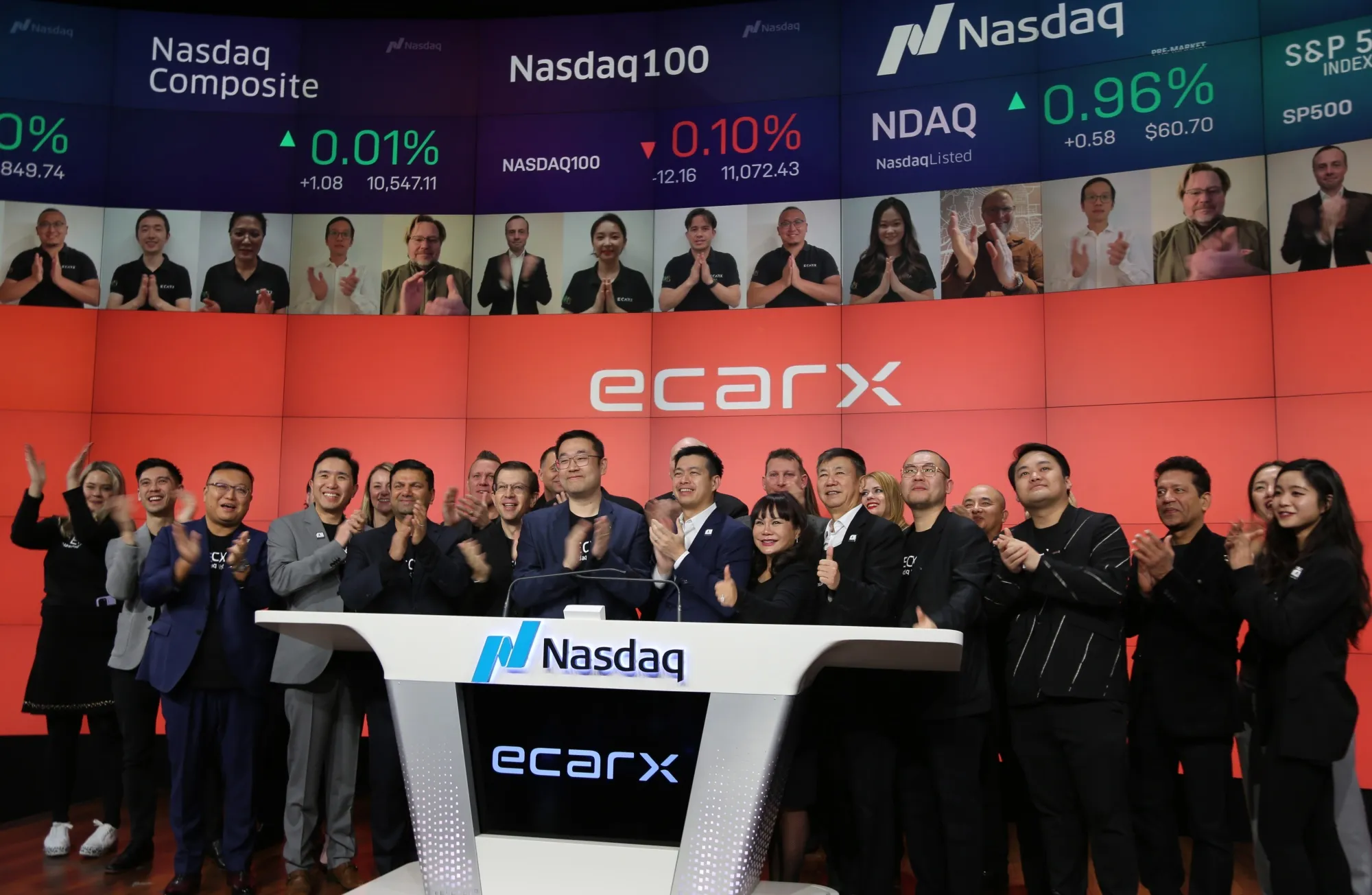 The management, shareholders and guests of Ecarx attend a ceremony to ring the opening bell at Nasdaq in New York City in 2022.