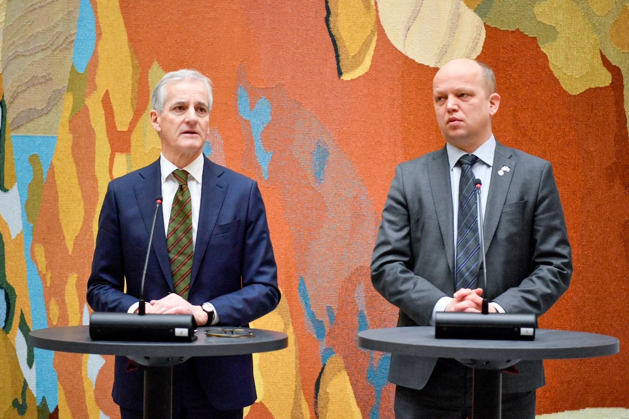 Jonas Gahr Store, left, and Norwegian Finance Minister Trygve Magnus Slagsvold Vedum in Oslo on Feb. 6.