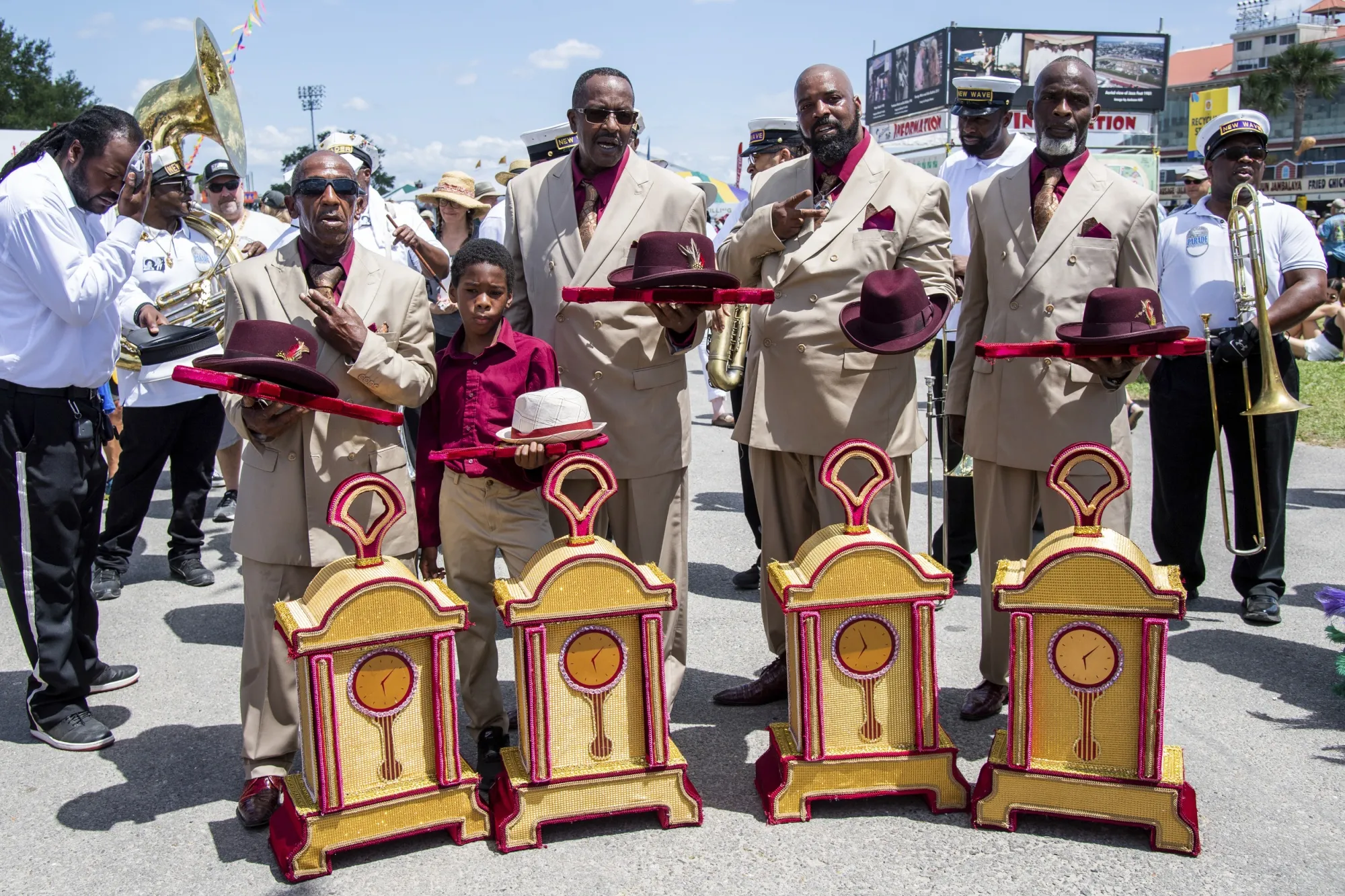Members of the New Wave Brass Band perform a Jazz Funeral for George Wein in New Orleans, on April 29.