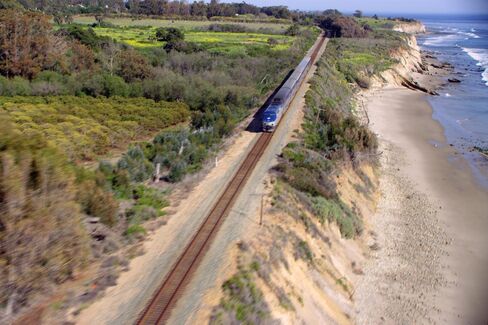 Train tracks run through all three ranches. Here, Amtrak's Pacific Surfliner connects San Luis Obispo to San Diego.