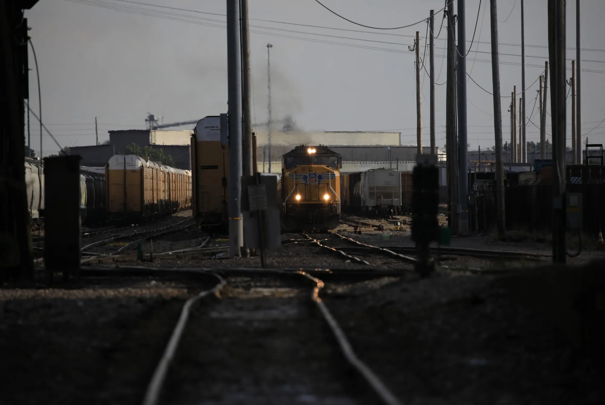 A Union Pacific freight train travels through a rail yard in St. Louis, Missouri.