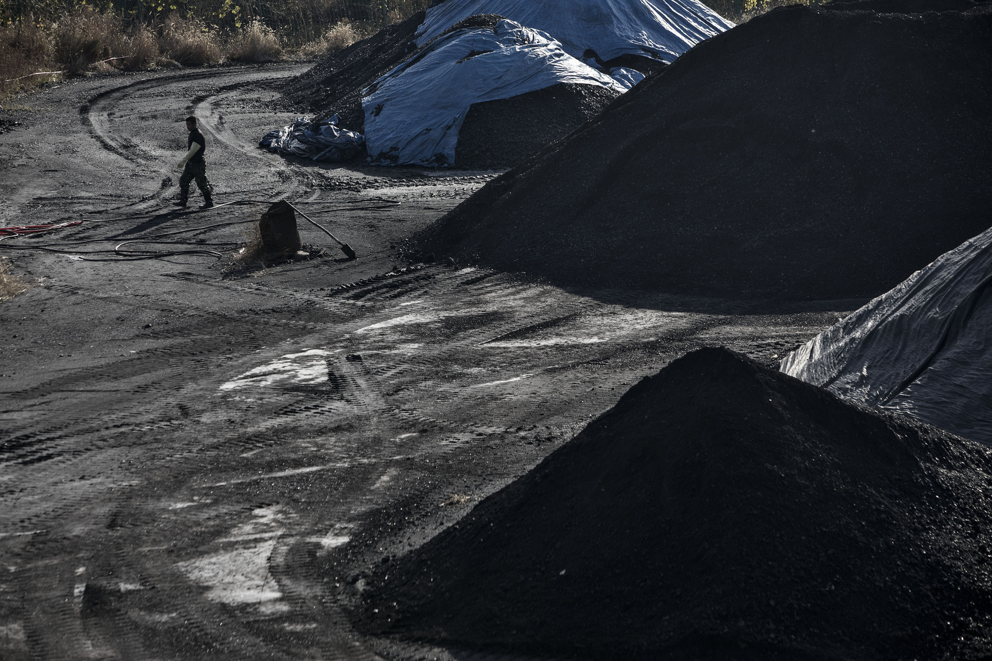 A man walks past piles of coal at the Qinhuangdao Port in Qinhuangdao, China.