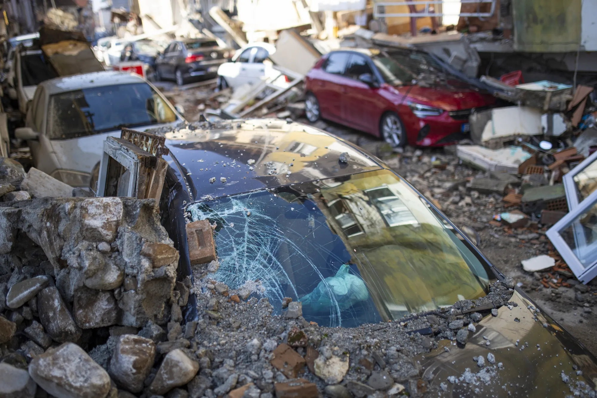 Debris from destroyed residential apartment buildings&nbsp;in Hatay, Turkey, on Feb. 8.