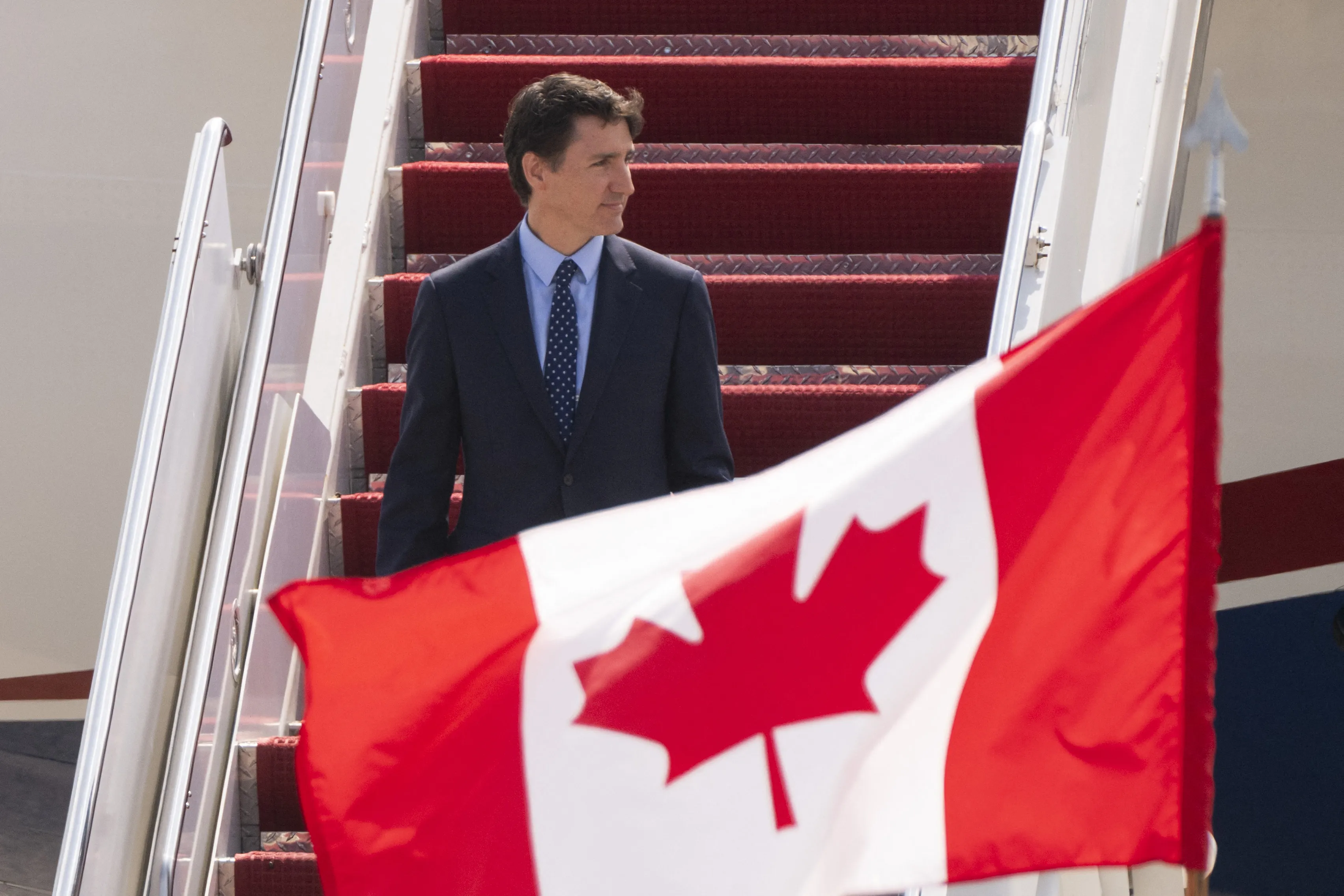 Justin Trudeau arrives at Joint Base Andrews in Maryland ahead of the 2024 NATO Summit on July 8.