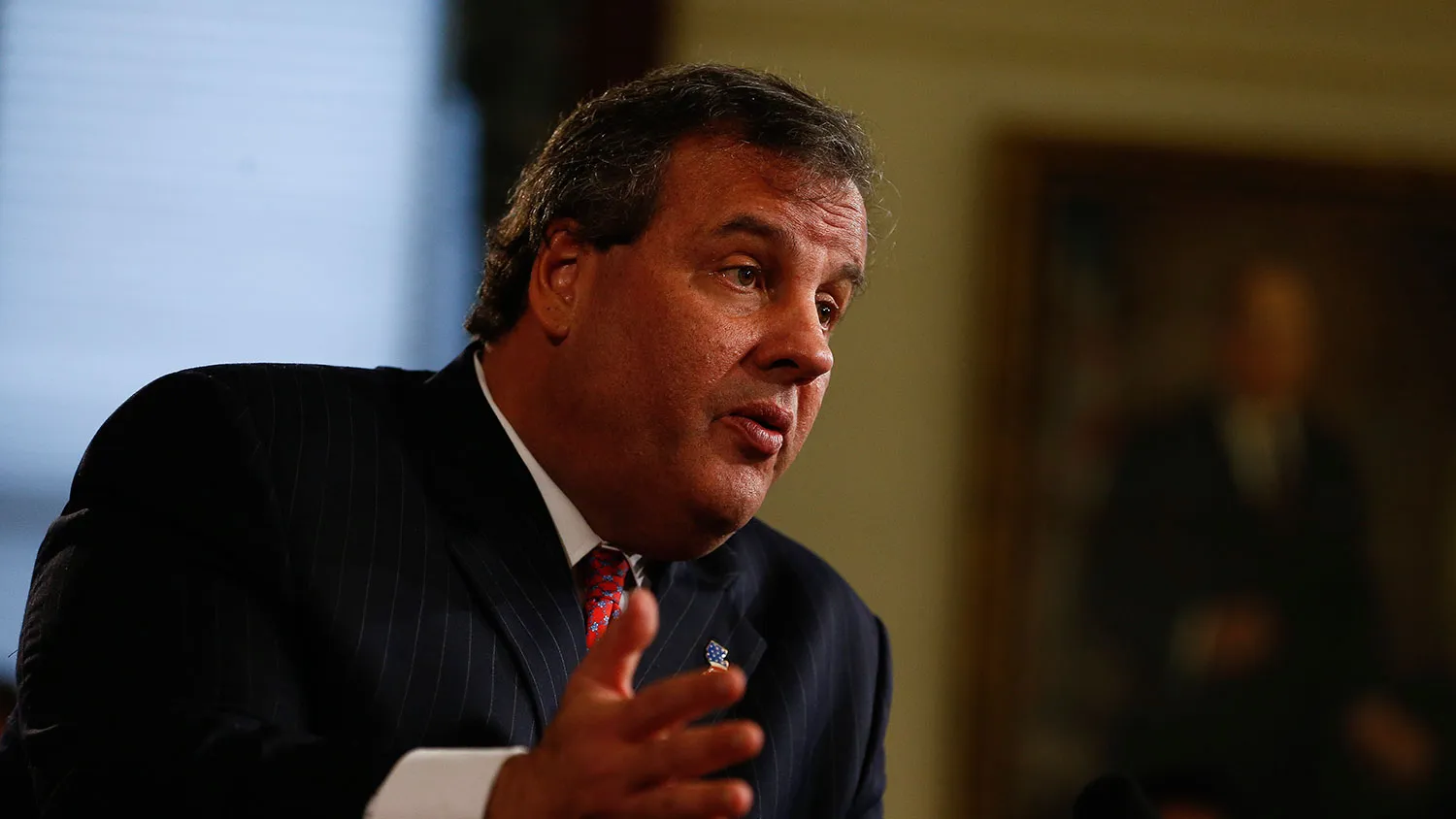 New Jersey Gov. Chris Christie speaks about his knowledge of a traffic study that snarled traffic at the George Washington Bridge during a news conference on January 9, 2014 at the Statehouse in Trenton, New Jersey.
