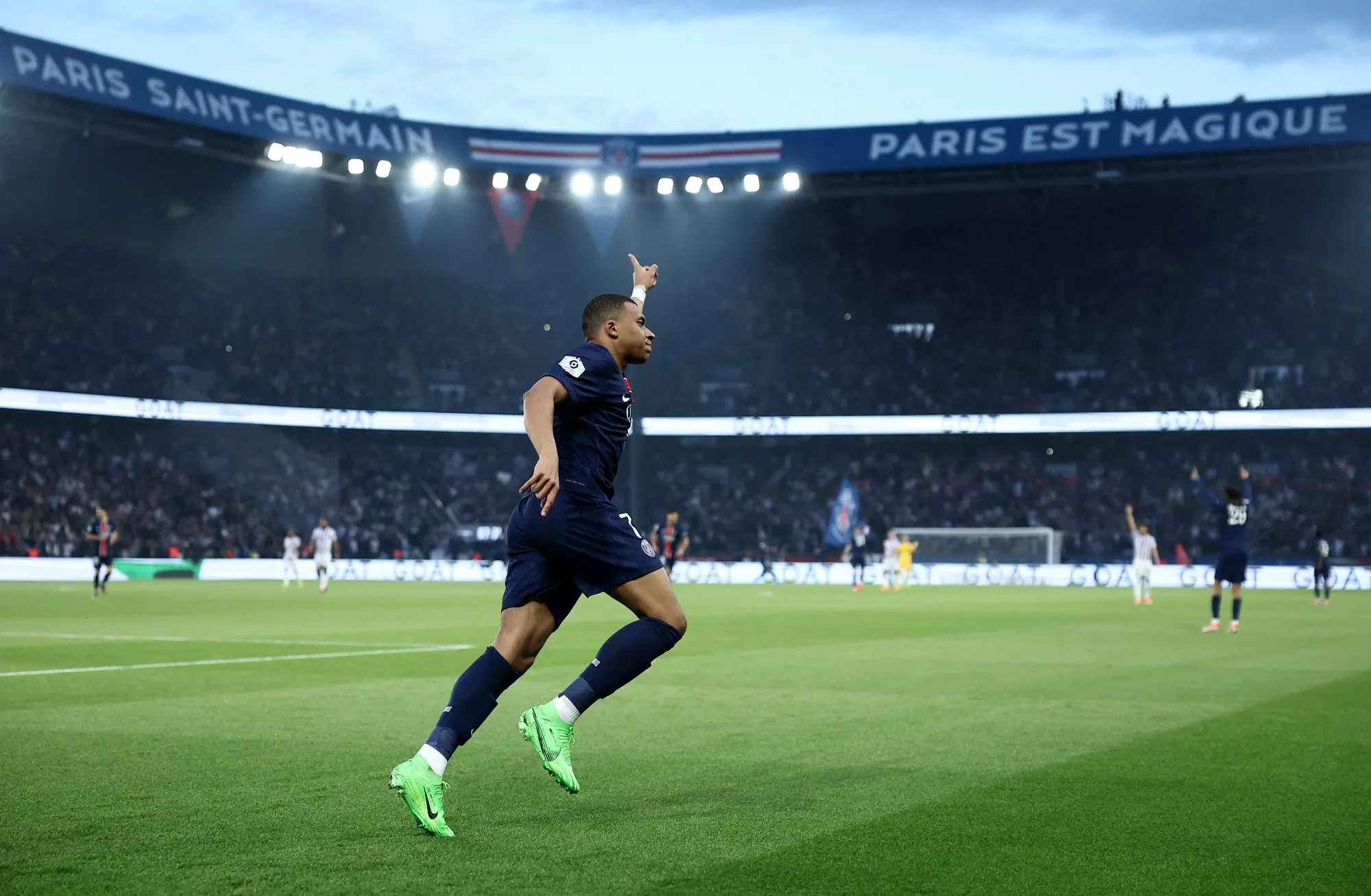 Kylian Mbappe celebrates after scoring a goal during a French L1 football match at the Parc des Princes stadium in Paris on May 12.