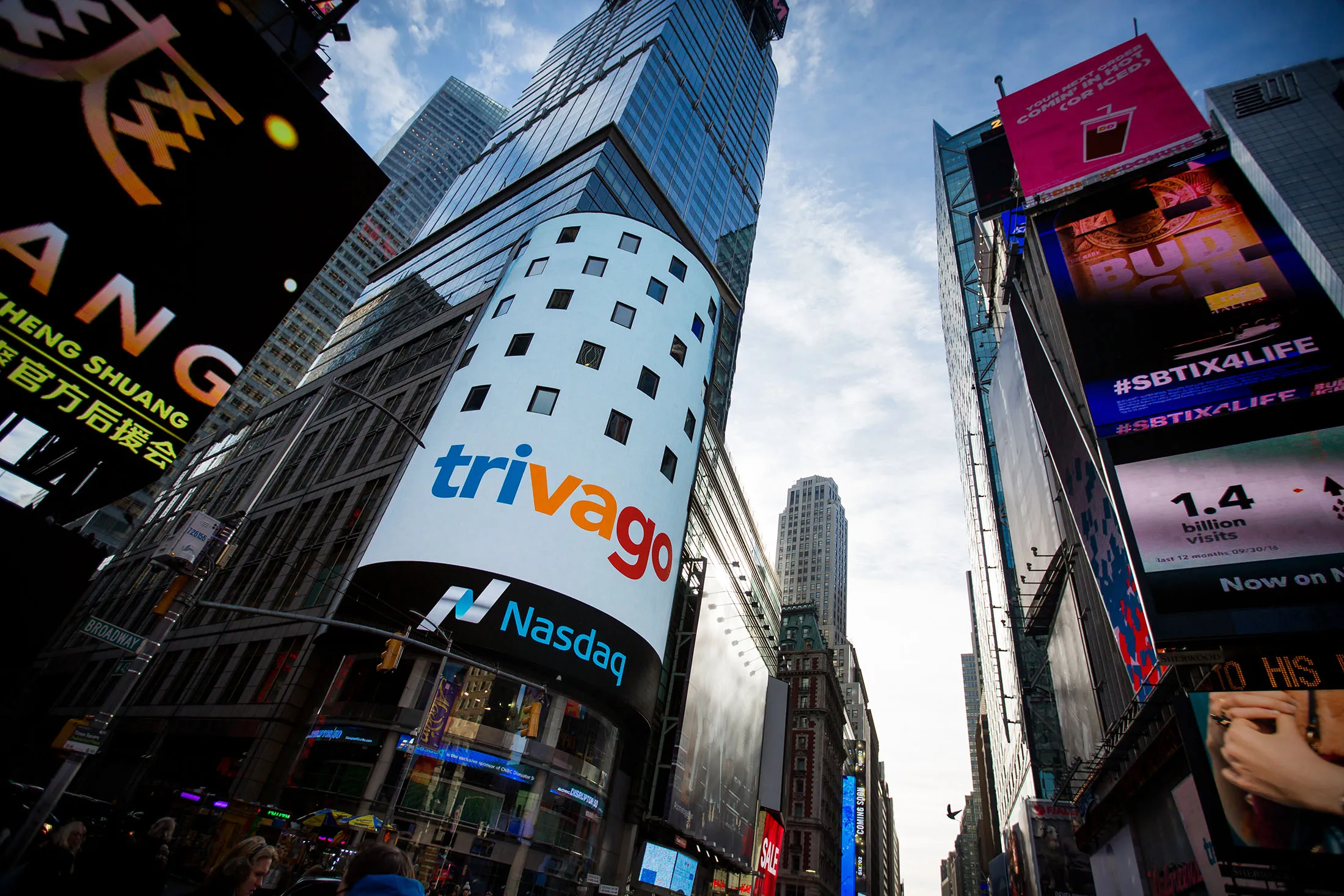 Trivago GmbH signage is displayed on a monitor outside during the company's initial public offering (IPO) at the Nasdaq MarketSite in New York, U.S., on Dec. 16.
