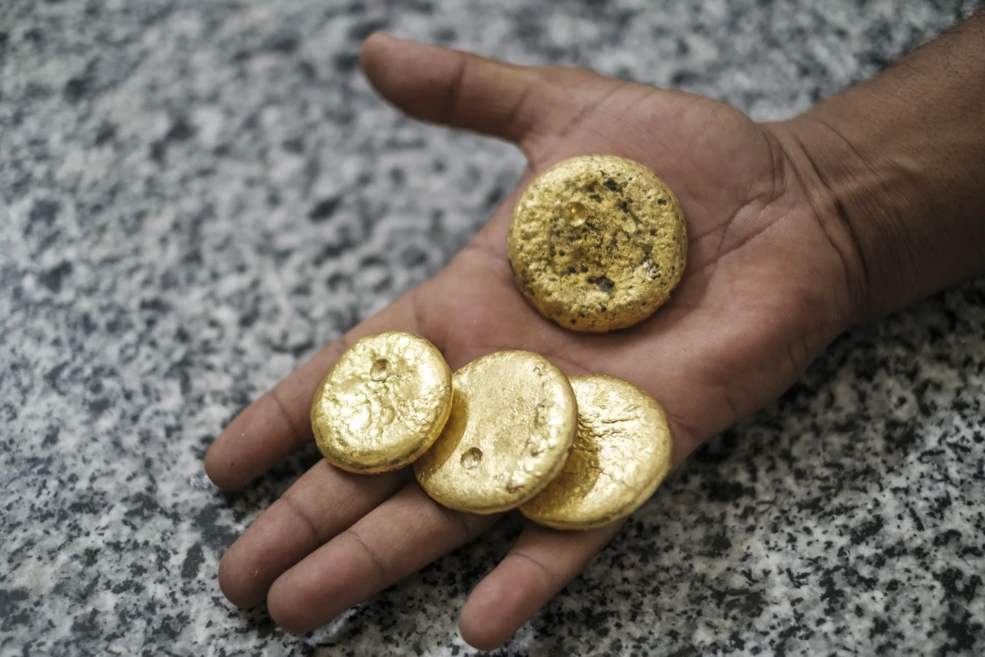 Pieces of gold displayed at a gold laboratory in Port Sudan, Sudan.