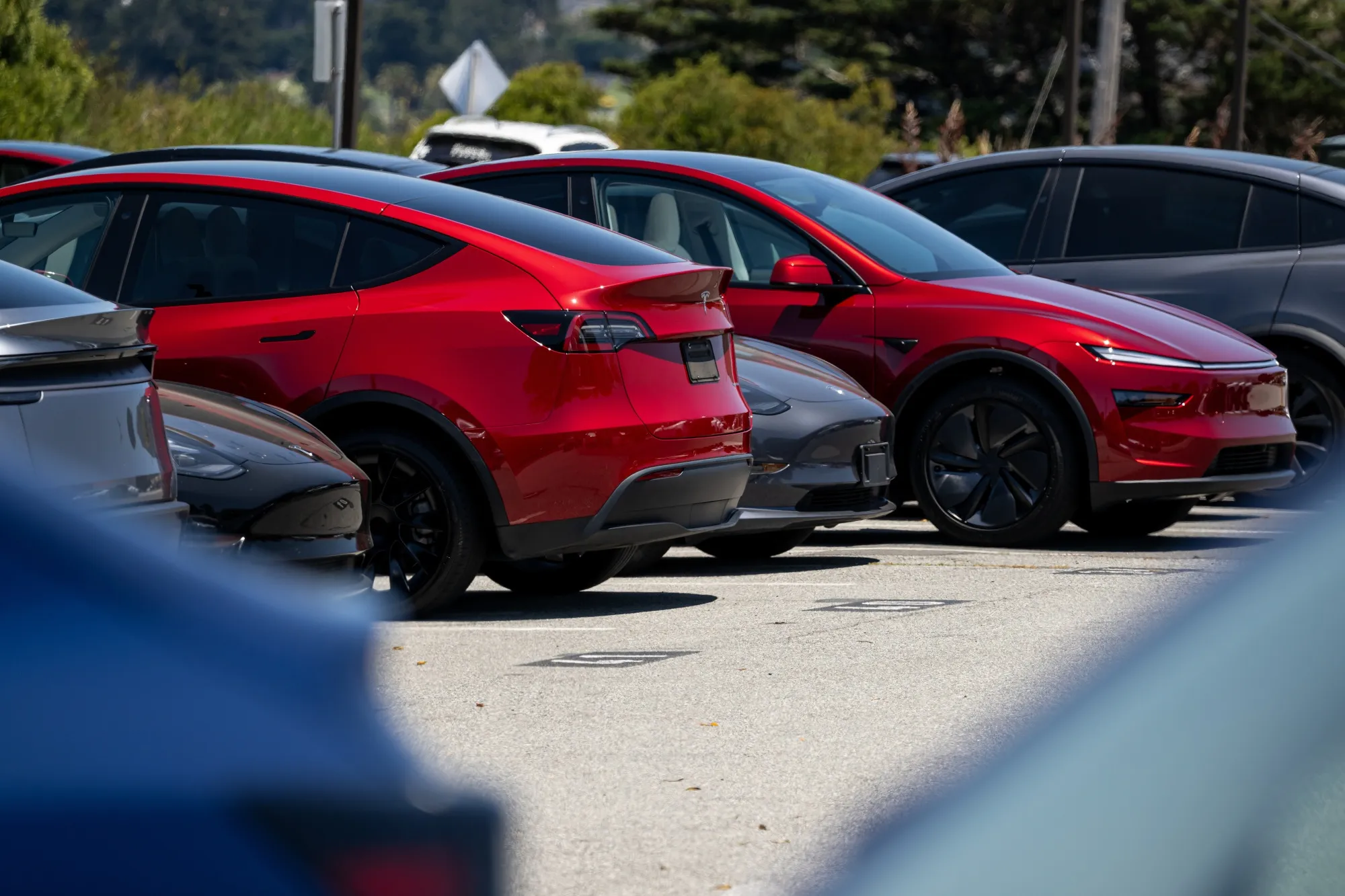 Tesla electric vehicles at a dealership in Colma, California, US.