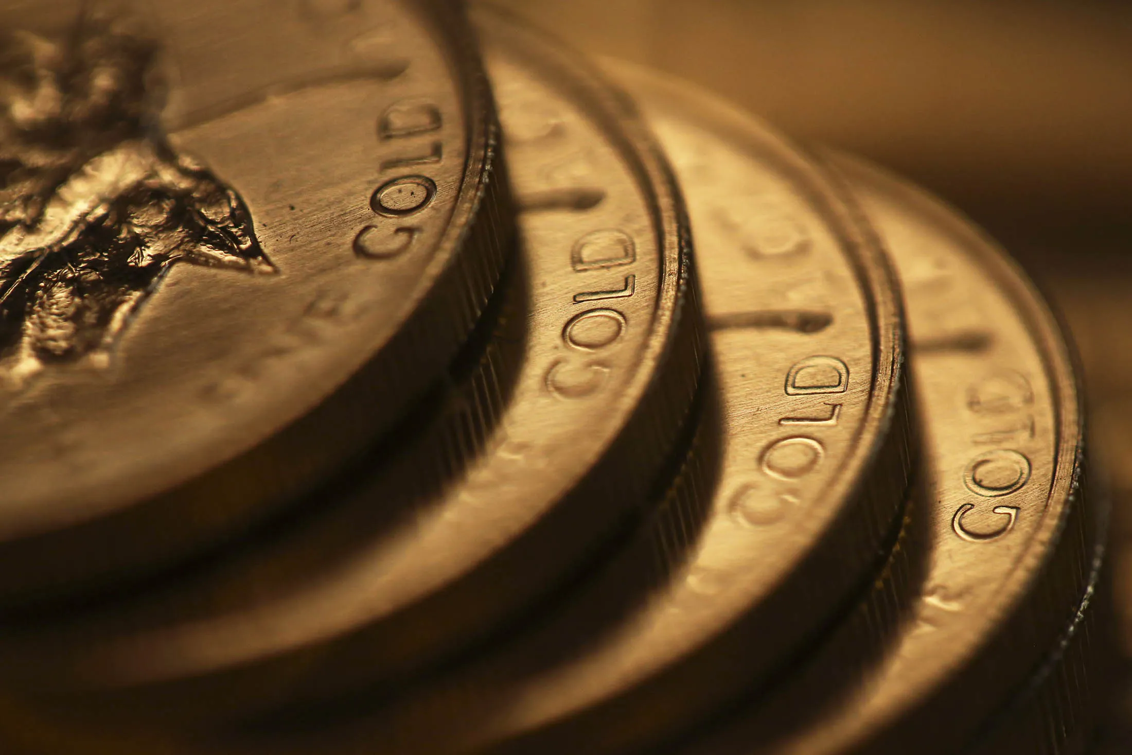 Canadian maple leafs sit on the faces of one ounce gold coins.

