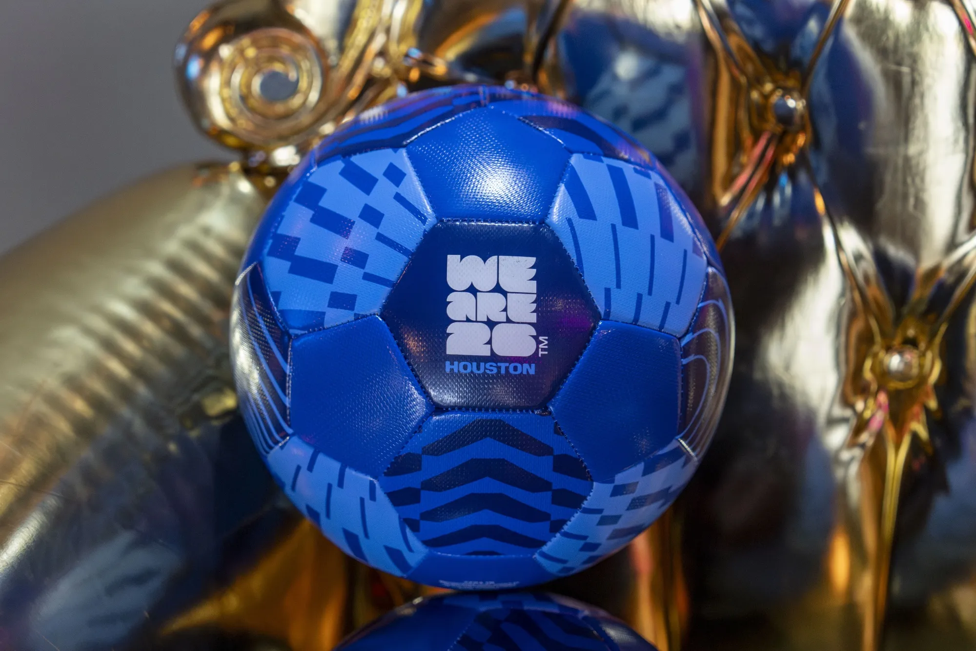 An official World Cup 2026 ball&nbsp;during a news conference in Houston.