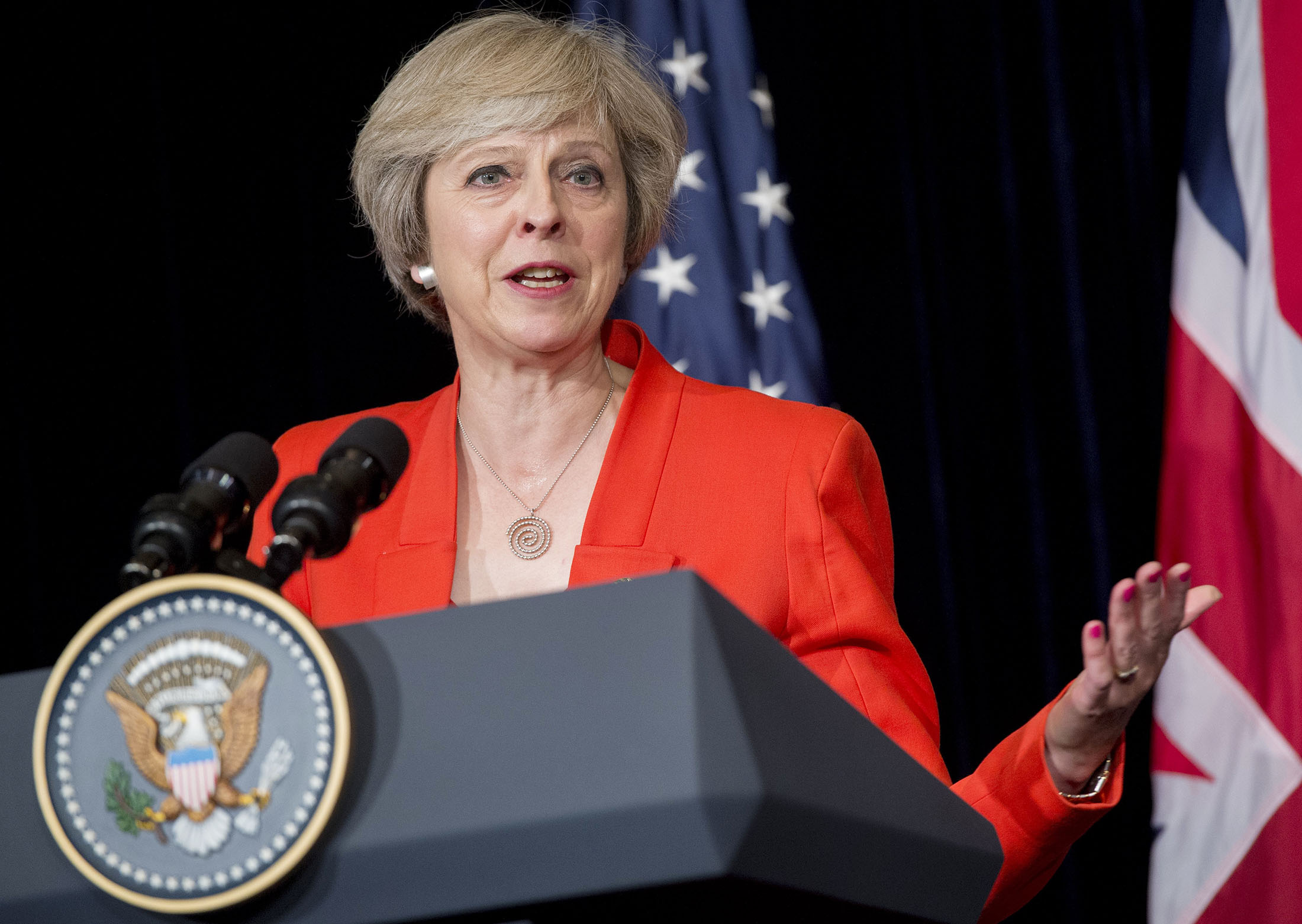 Theresa May speaks during a press conference in Hangzhou, China on Sept. 4.

