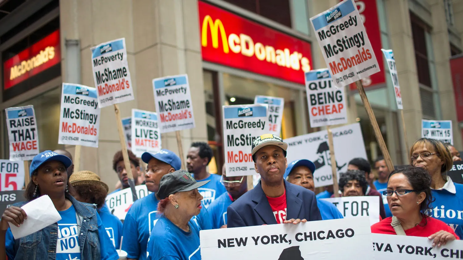 Fast food workers and community activists protest outside a McDonald's restaurant in the Loop on June 22, 2015 in Chicago, Illinois.
