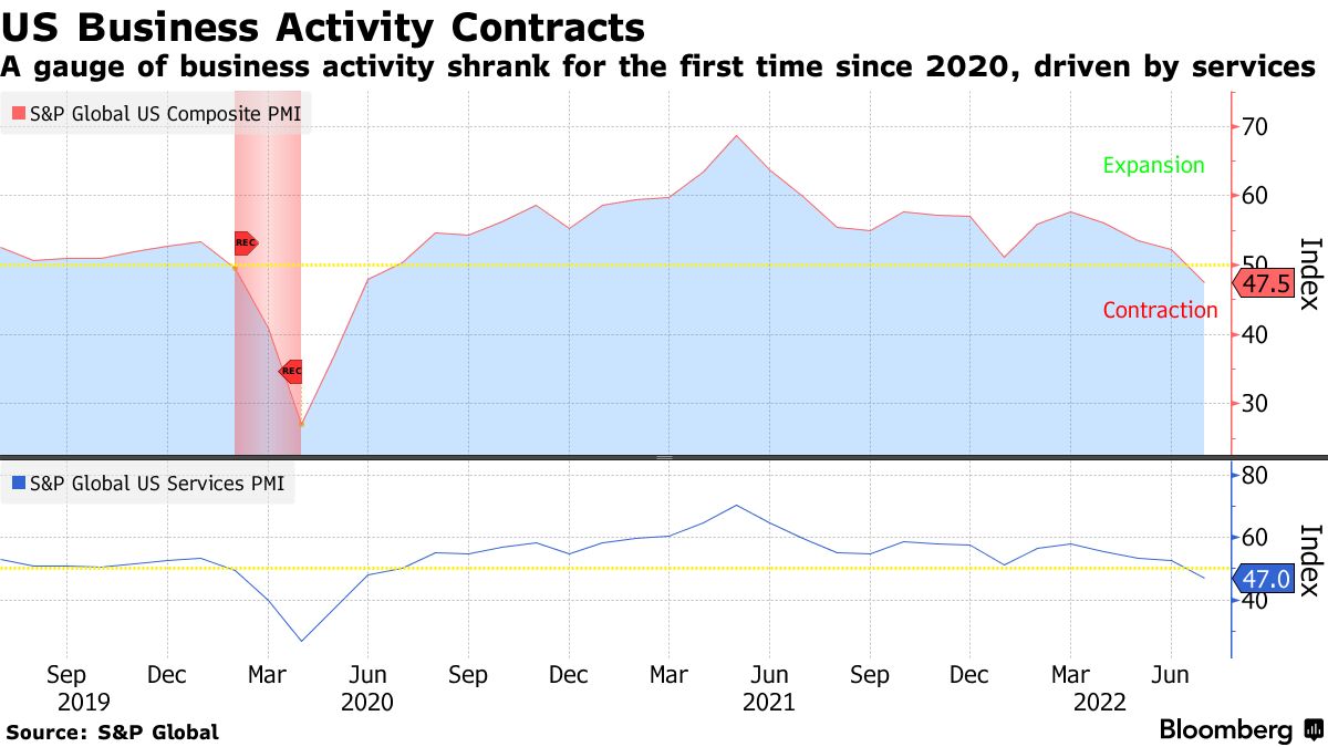 A gauge of business activity shrank for the first time since 2020, driven by services decline