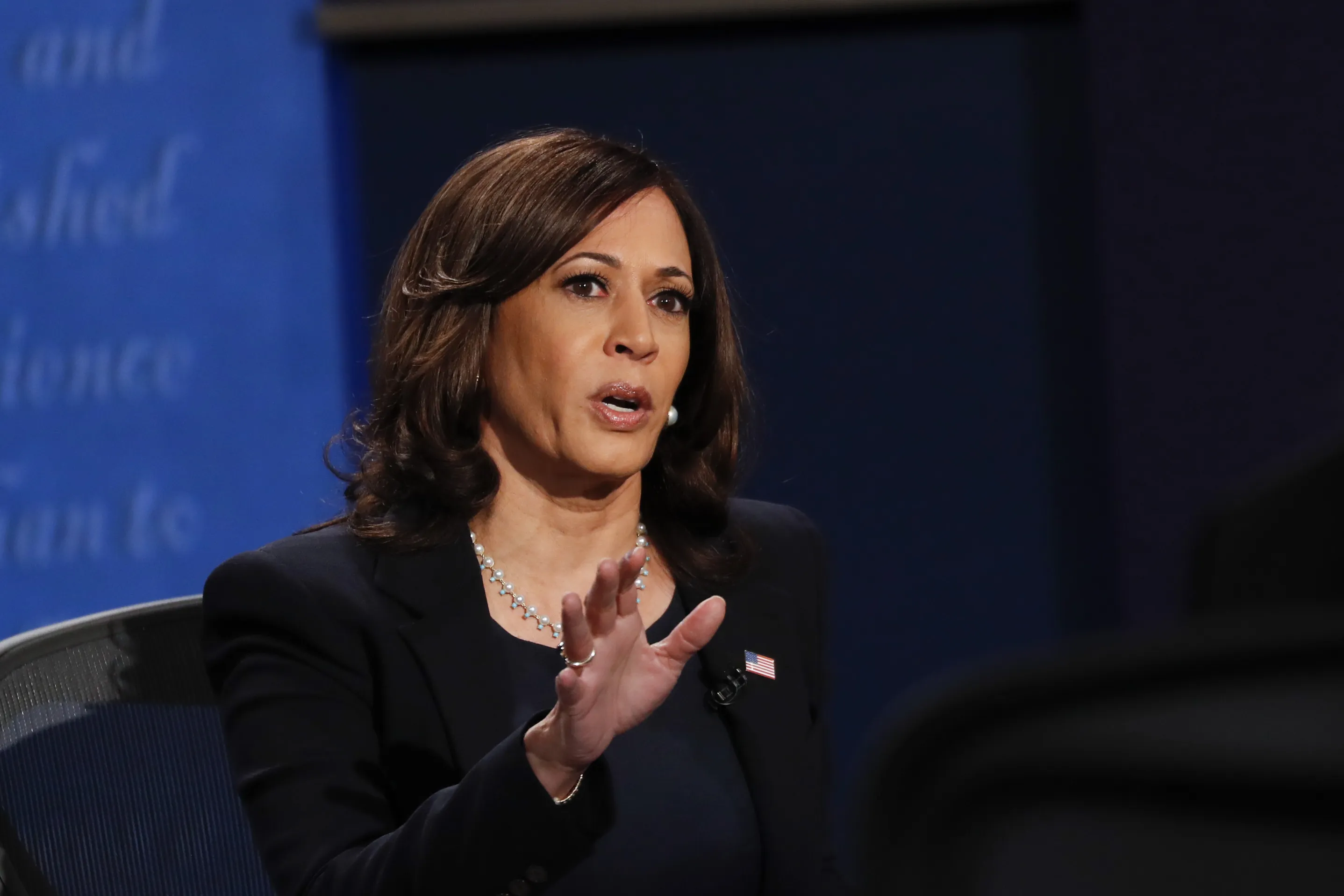 Kamala Harris speaks during the U.S. vice presidential debate at the University of Utah in Salt Lake City, Utah on Oct. 7.